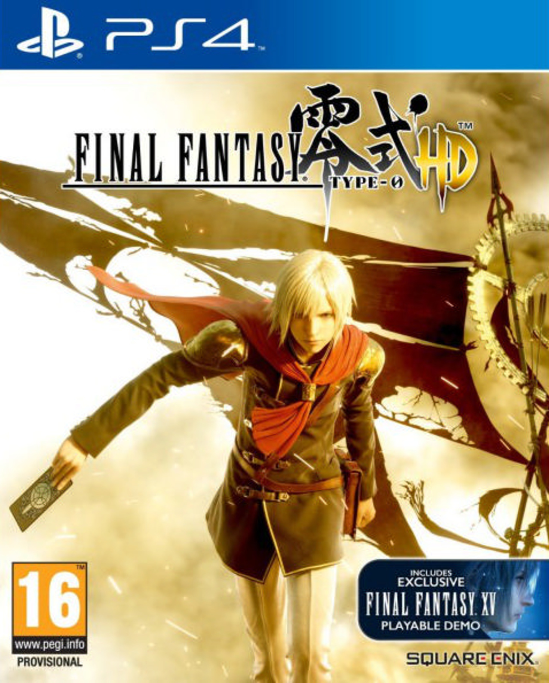 Copertina PS4 di Final Fantasy Type-0 HD. Un uomo biondo indossa mantelli rossi.
