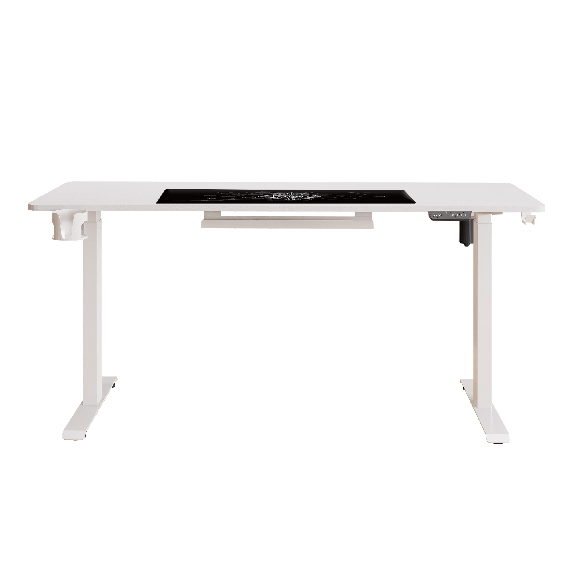 Białe biurko z czarnym blatem we wzory.