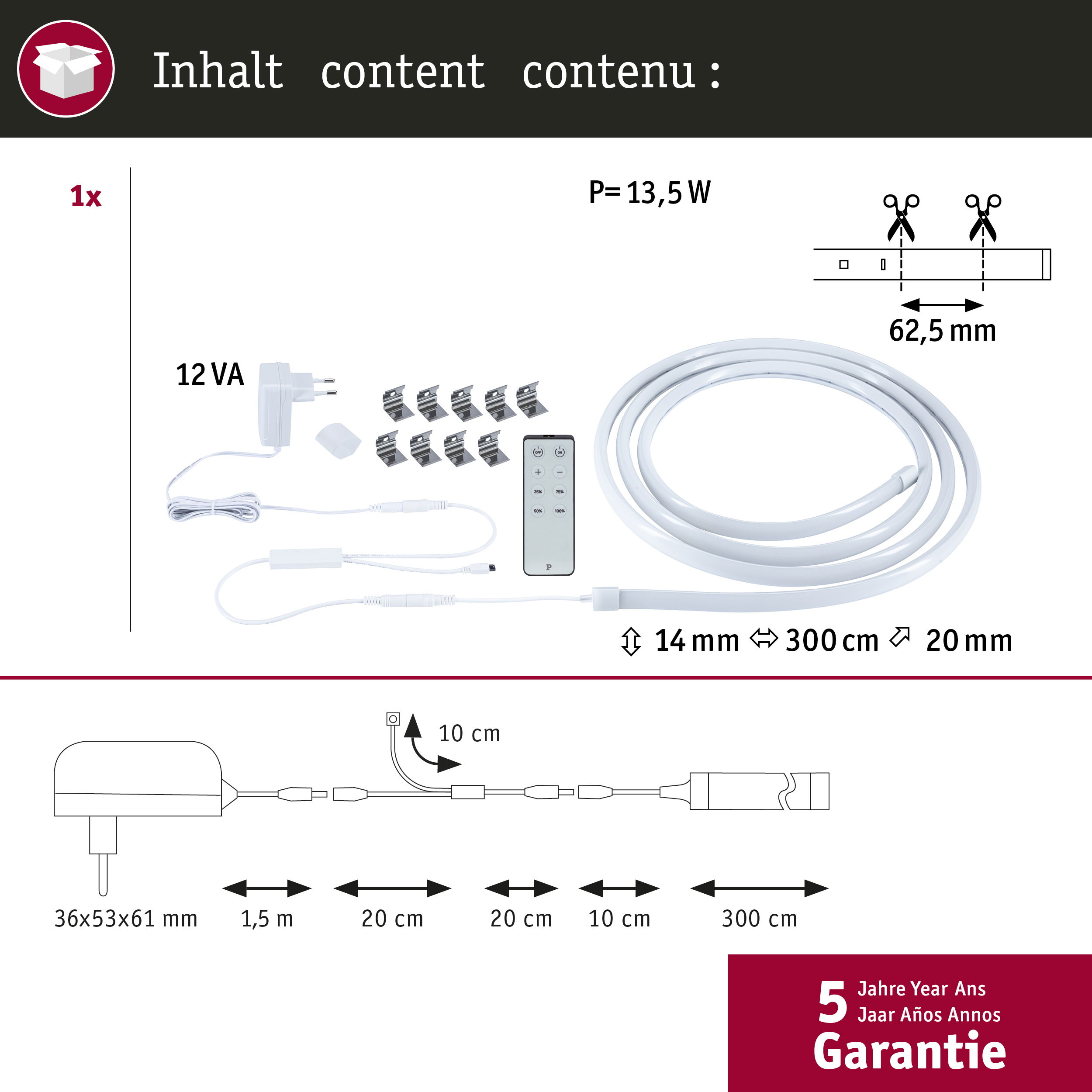 Zawartość 1x: zasilacz 12 VA, pilot, klipsy, wąż LED 300 cm.