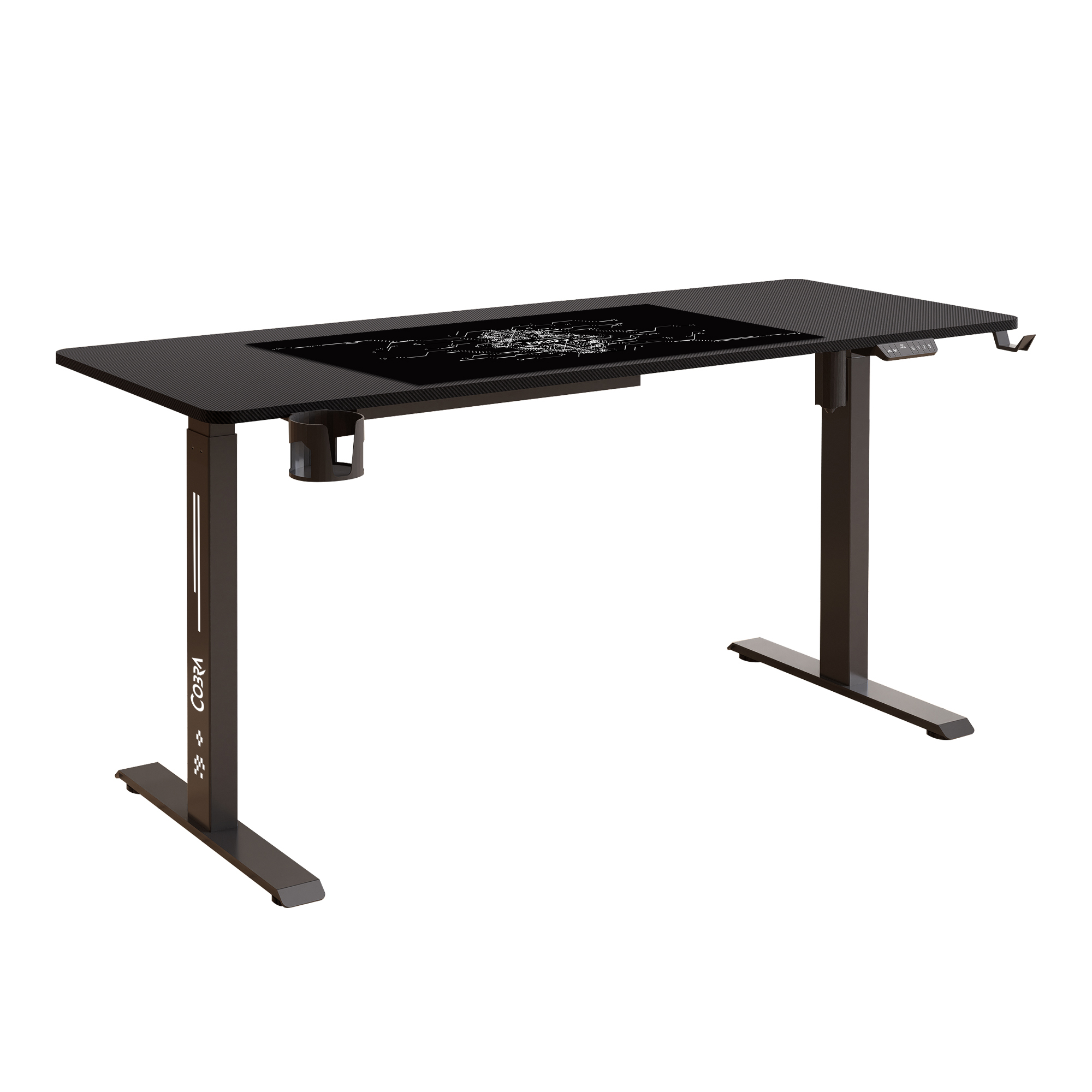 Czarny stół z powierzchnią z włókna węglowego i grafiką płyty głównej.