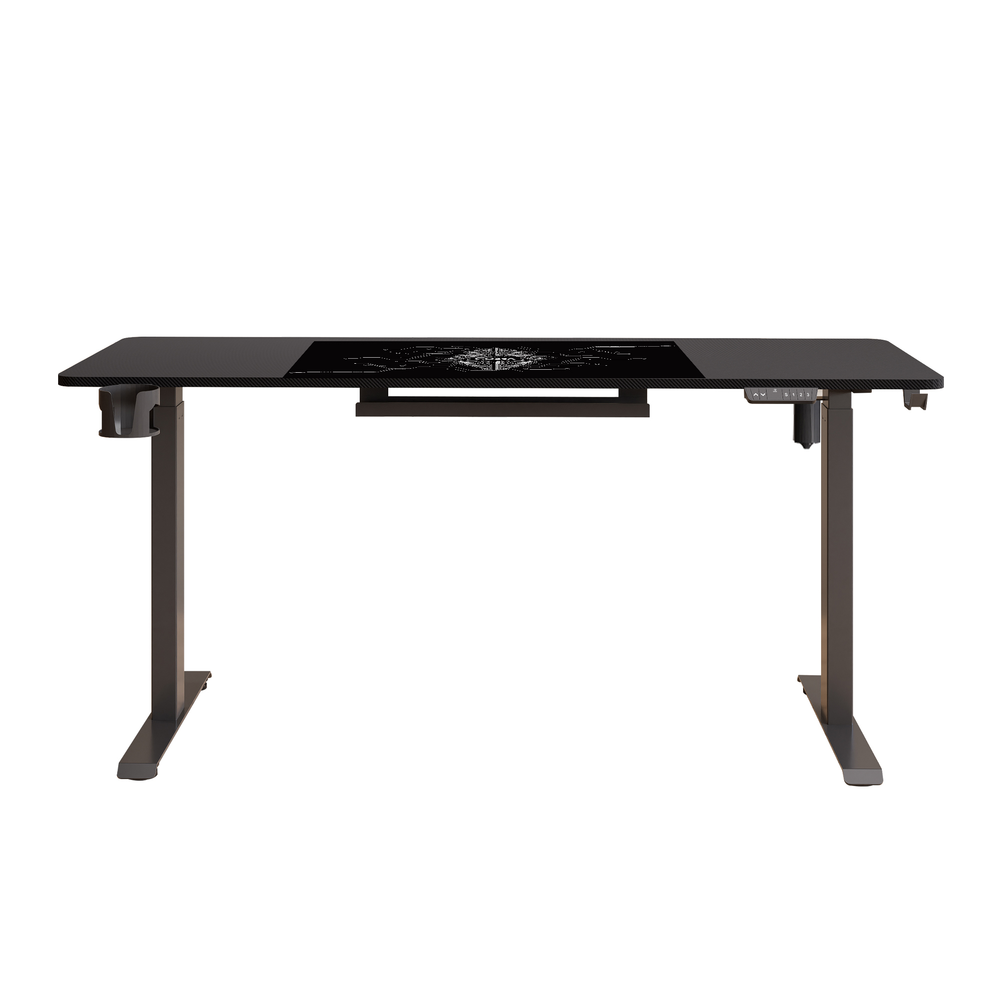 Czarny, regulowany biurko z motywem węglowym i centralnym wzorem graficznym.