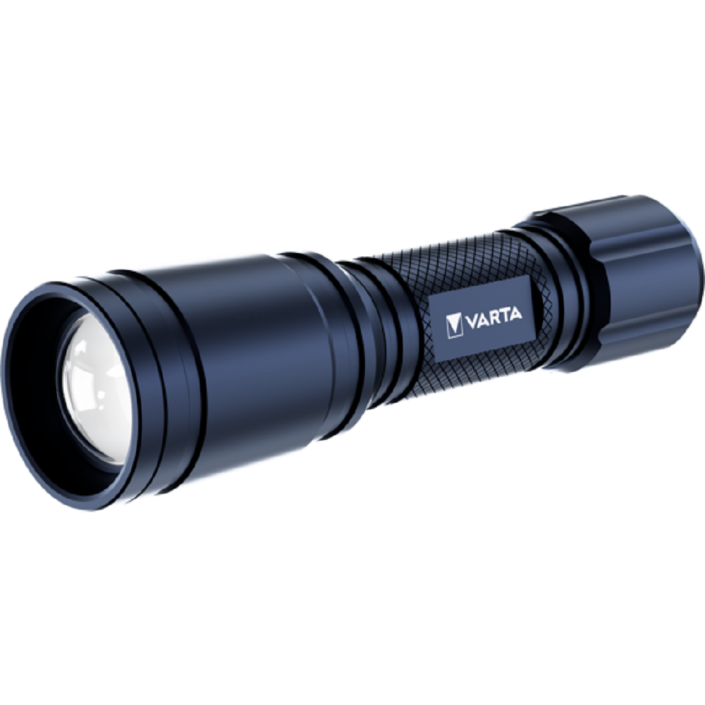 Linterna azul oscuro Varta con agarre texturizado y lente.