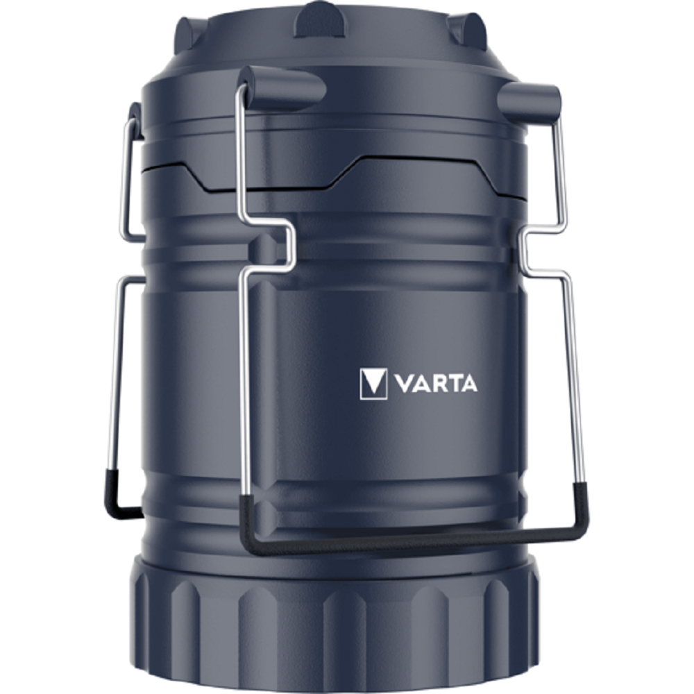 Dunkelblaue Varta Laterne mit silbernen Griffen und weißem Logo.