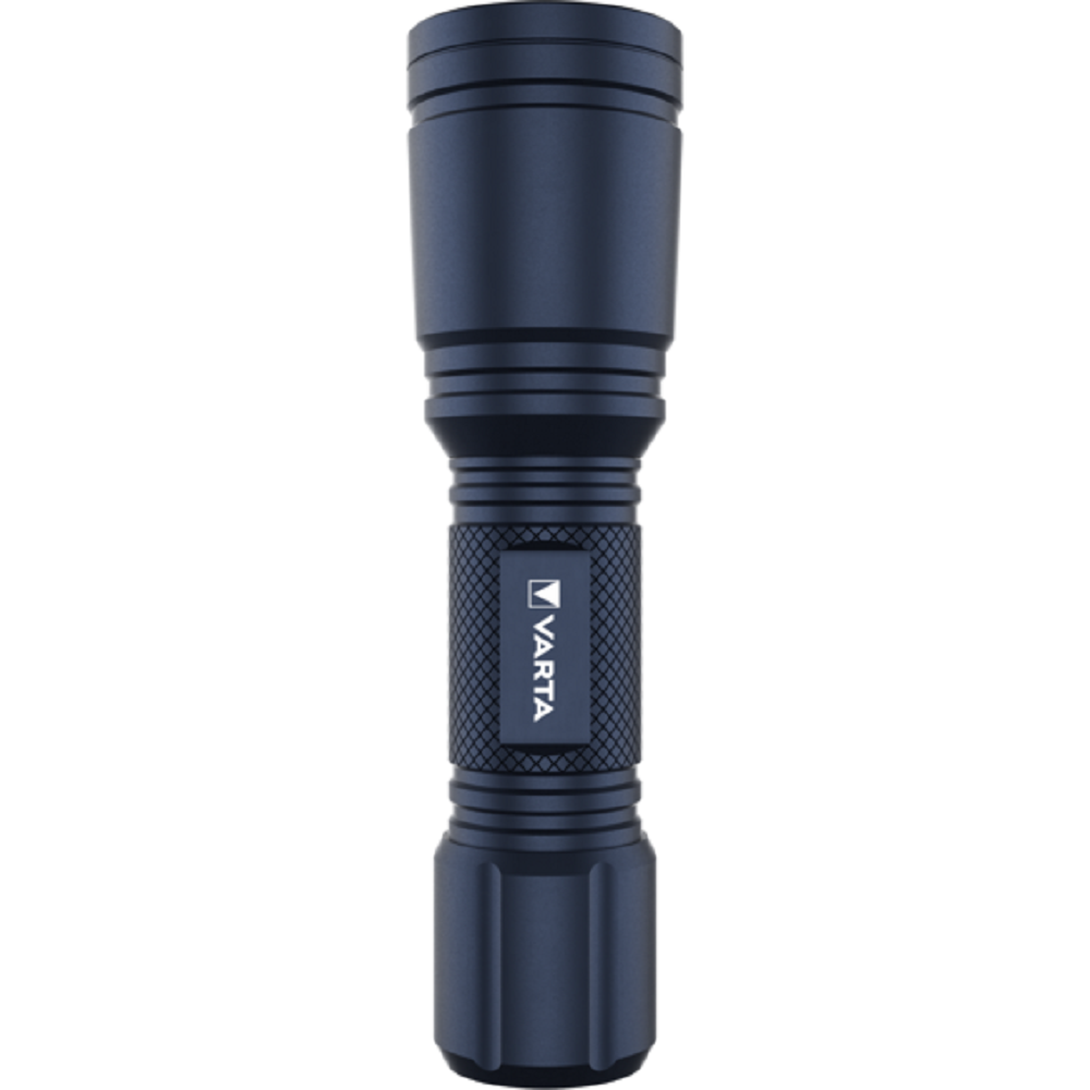 Una linterna azul oscuro con agarre texturizado y logo Varta.