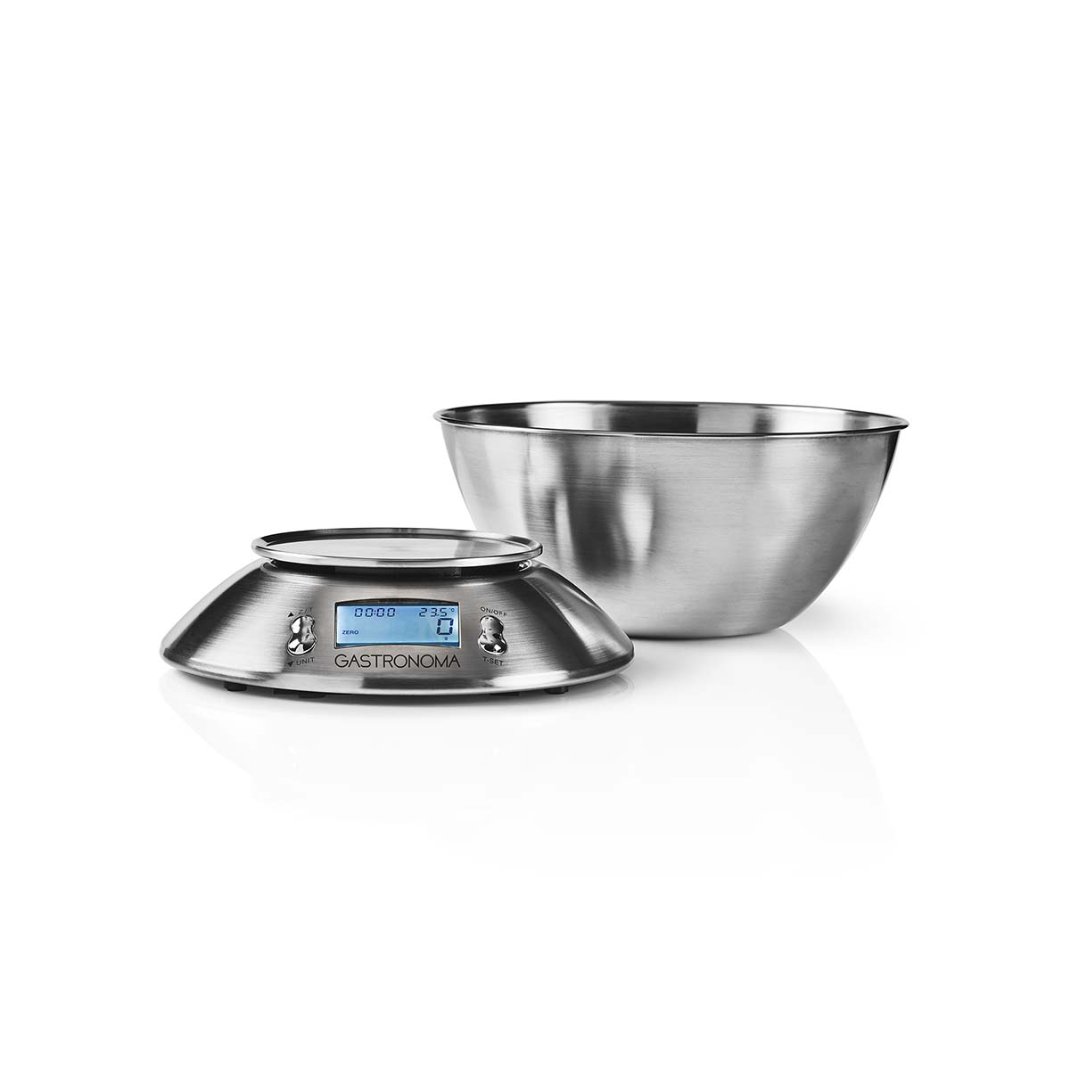 Metalowa waga kuchenna z cyfrowym wyświetlaczem i obok stalowa miska.