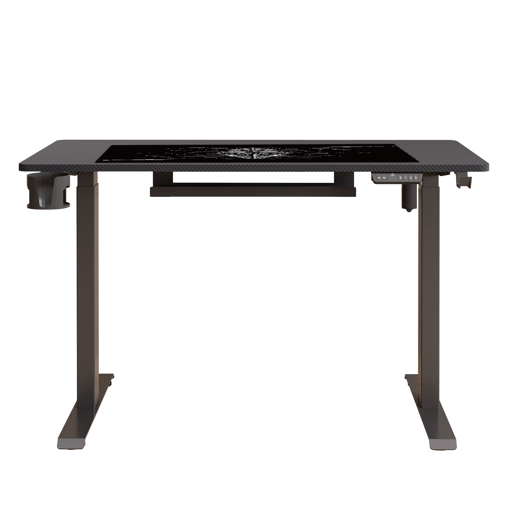 Czarny biurko z srebrnymi nogami i wzorzystym blatem.