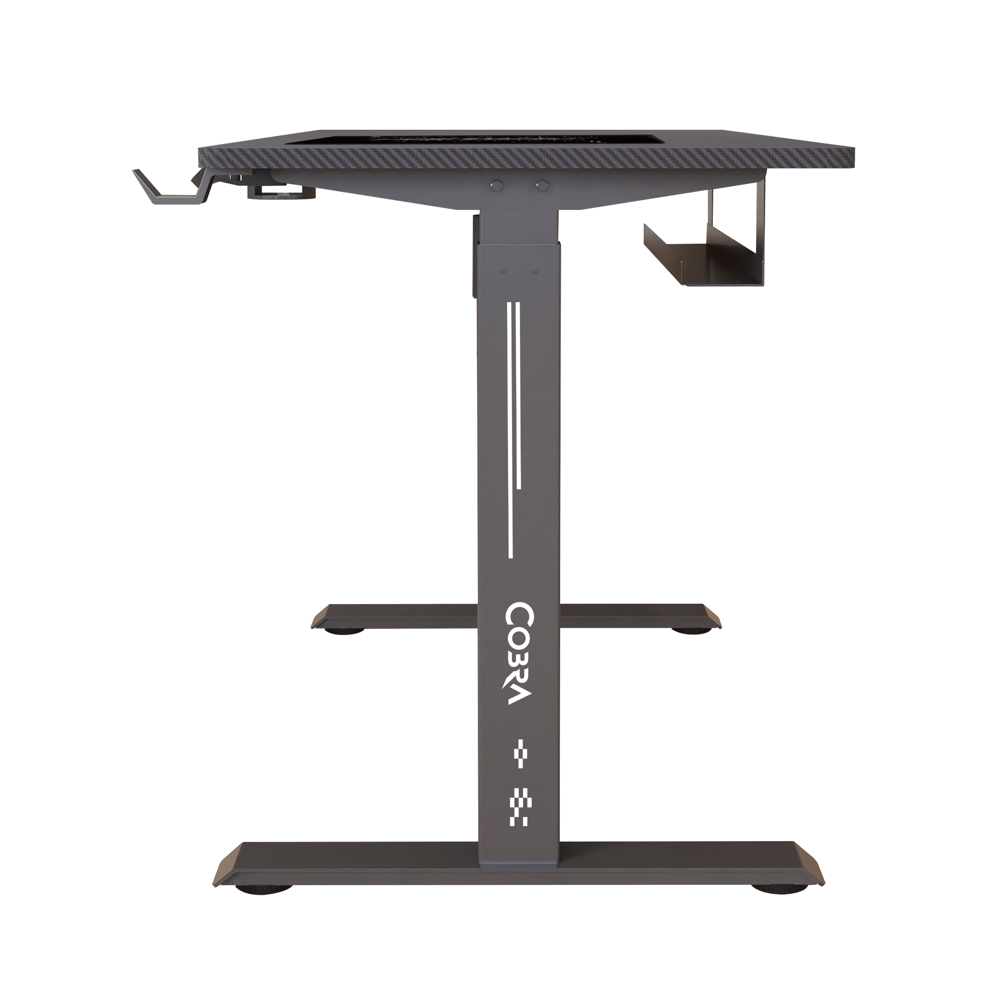 Szare biurko z blatem z włókna węglowego, hakiem i tacką na kable.