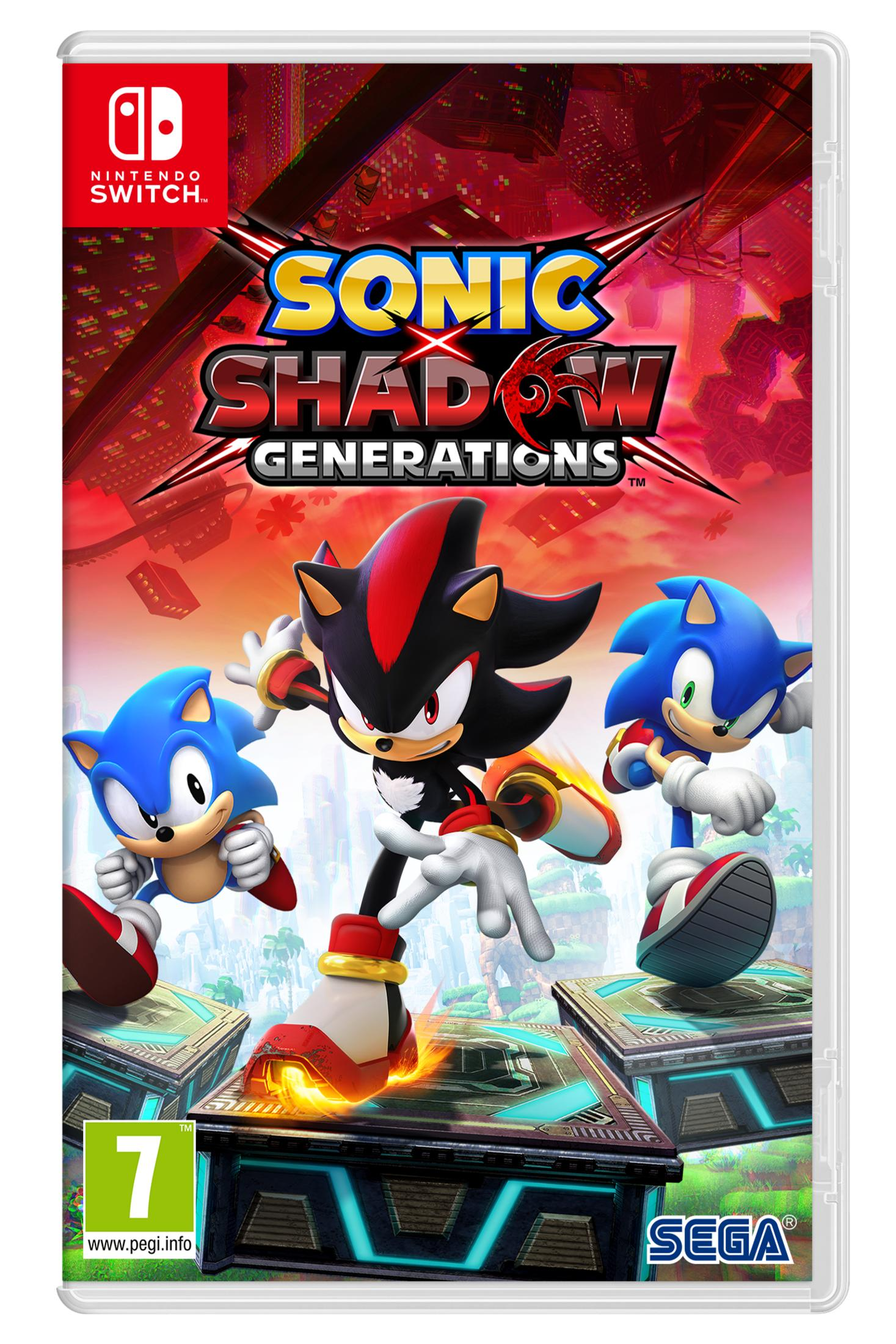 Sonic, Shadow e un altro Sonic blu su piattaforme davanti a uno skyline rosso.