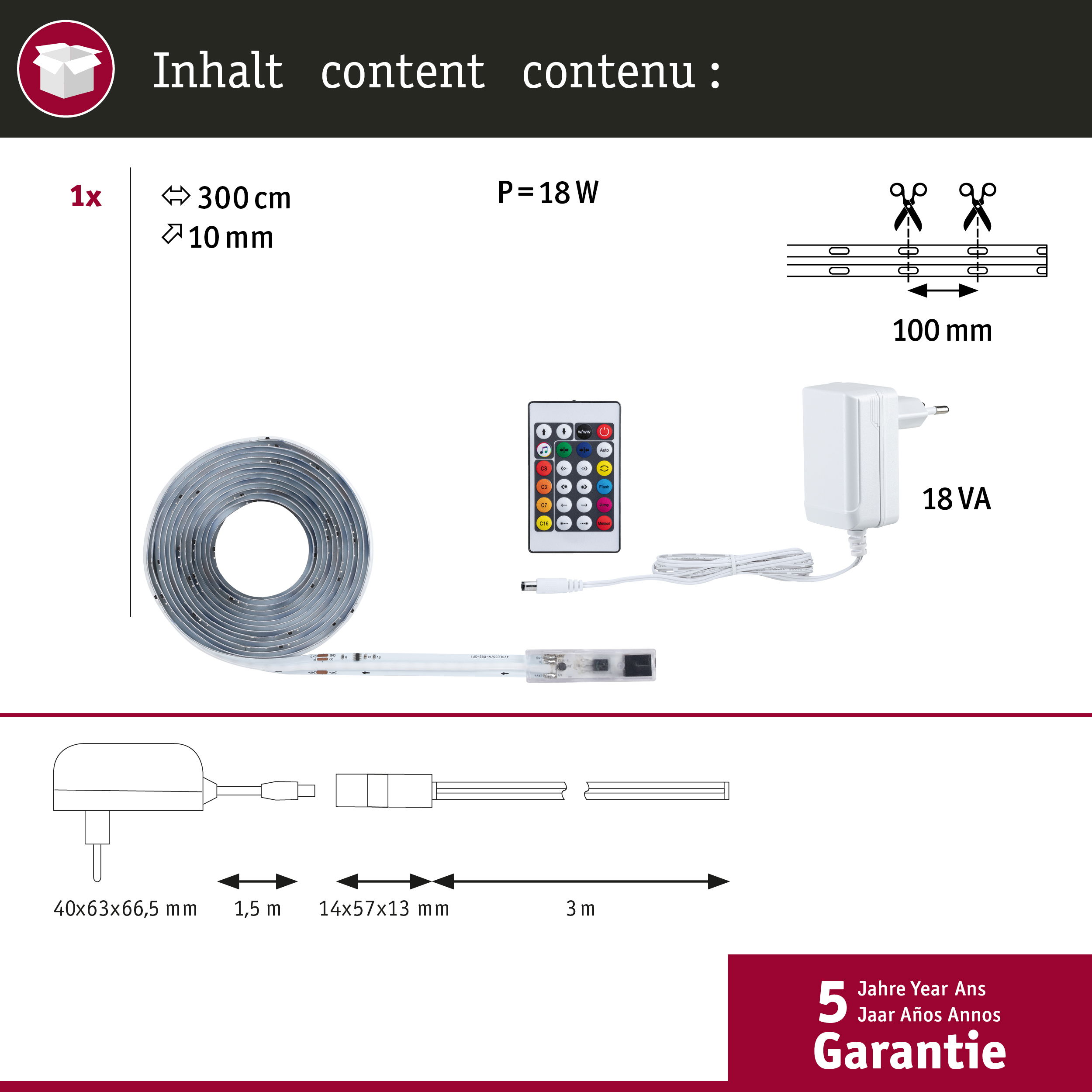 Zawartość opakowania: Taśma LED (300 cm, 10 mm), pilot, zasilacz (18 VA) i kable.