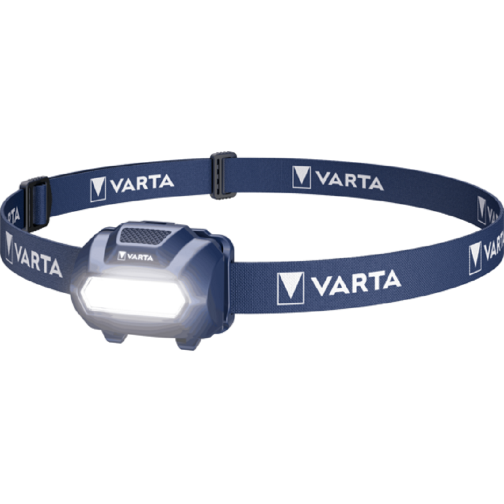 Una linterna frontal Varta azul con luz blanca y logo en la correa.