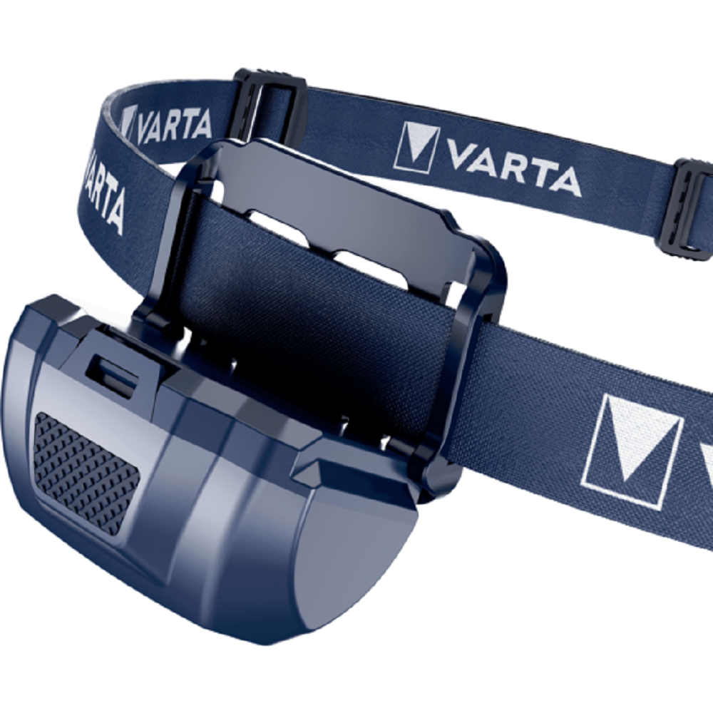Linterna frontal Varta azul oscuro con cinta ajustable y carcasa texturizada.