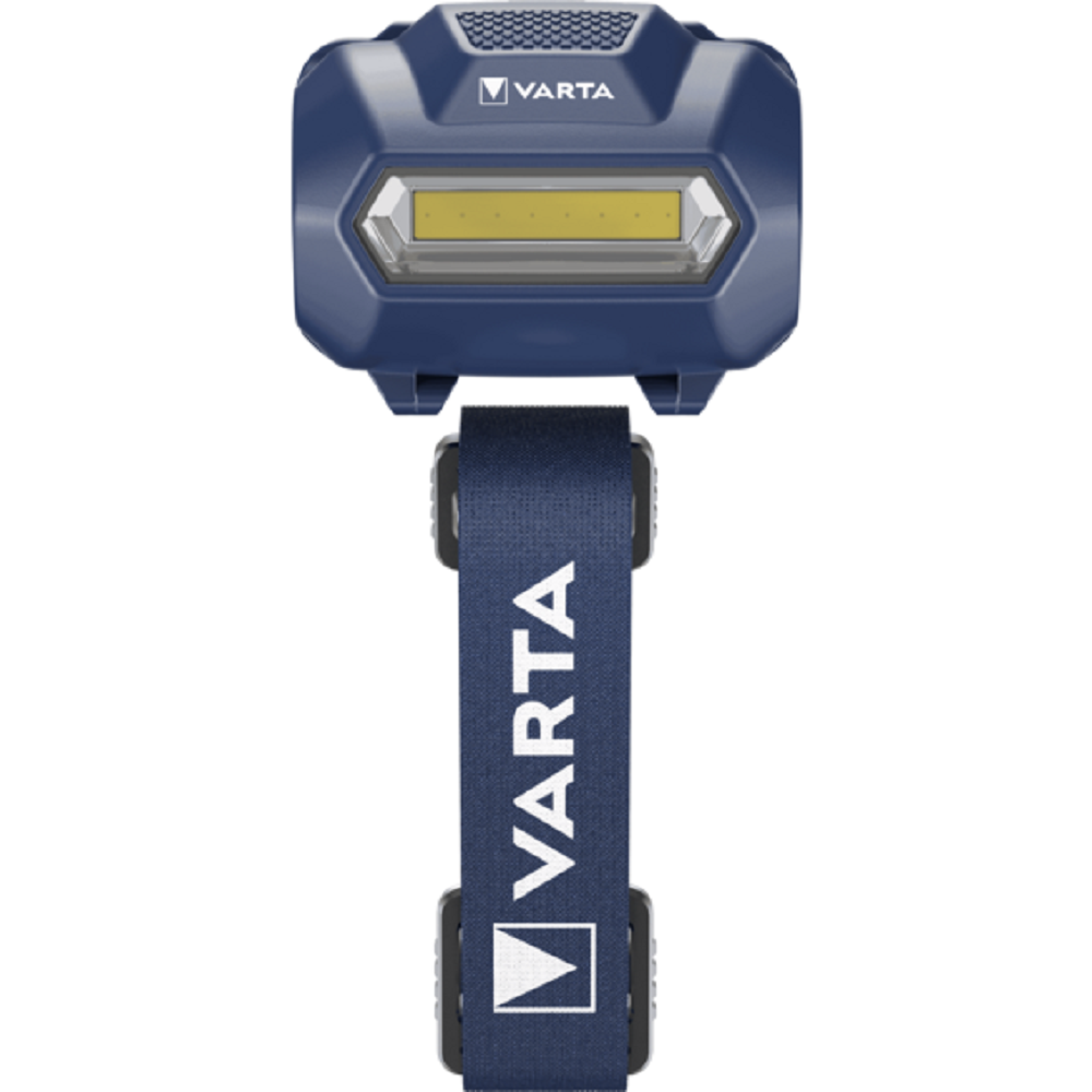 Linterna frontal Varta azul oscuro con luz LED ancha y correa de tela.