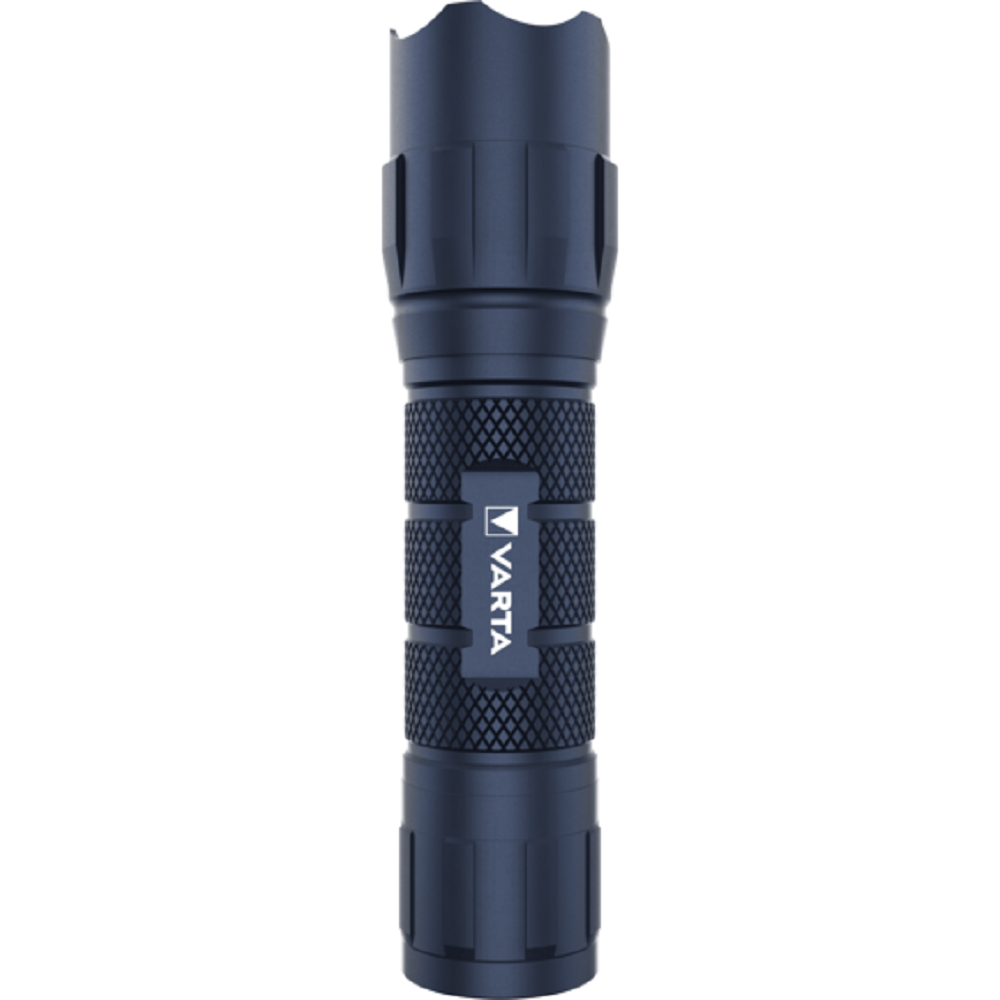 Dunkelblaue Taschenlampe mit gerändeltem Griff und Varta-Logo.