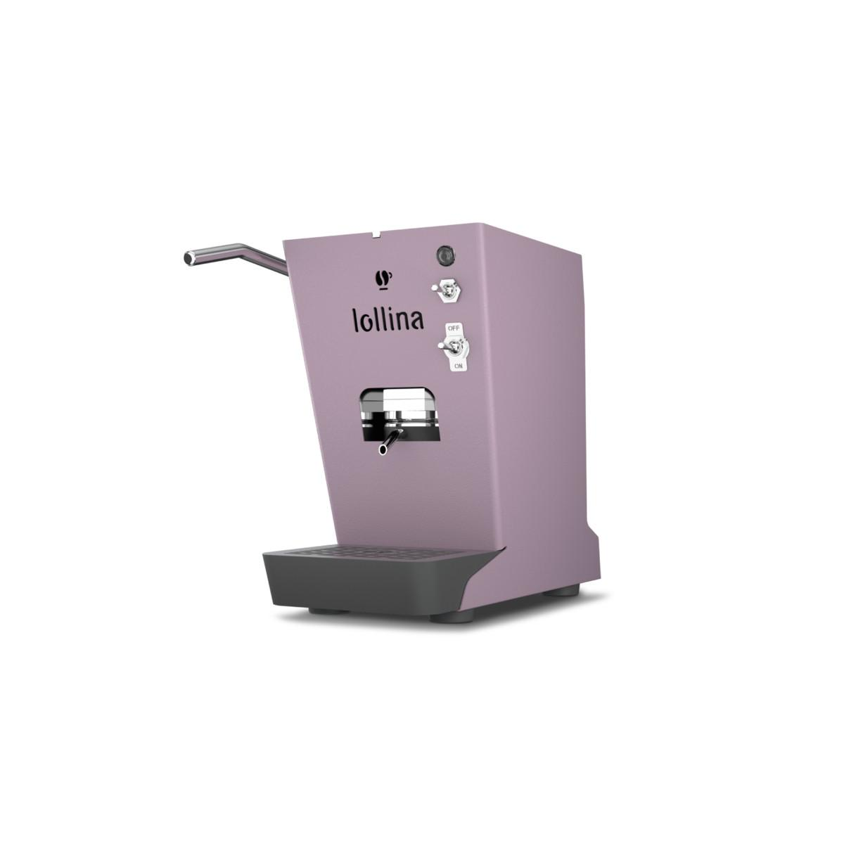 Eine fliederfarbene Kaffeemaschine mit silbernem Auslauf und Tropfschale.