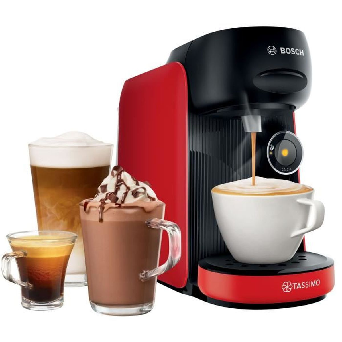 Una macchina da caffè Tassimo rossa e nera prepara un latte in una tazza bianca.