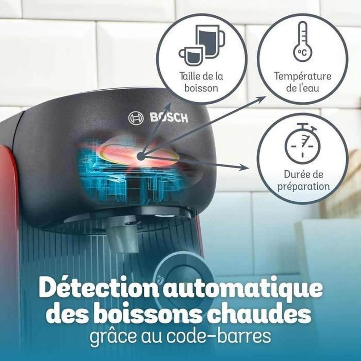 Macchina da caffè Bosch con rilevamento automatico di dimensione, temperatura e tempo bevanda.