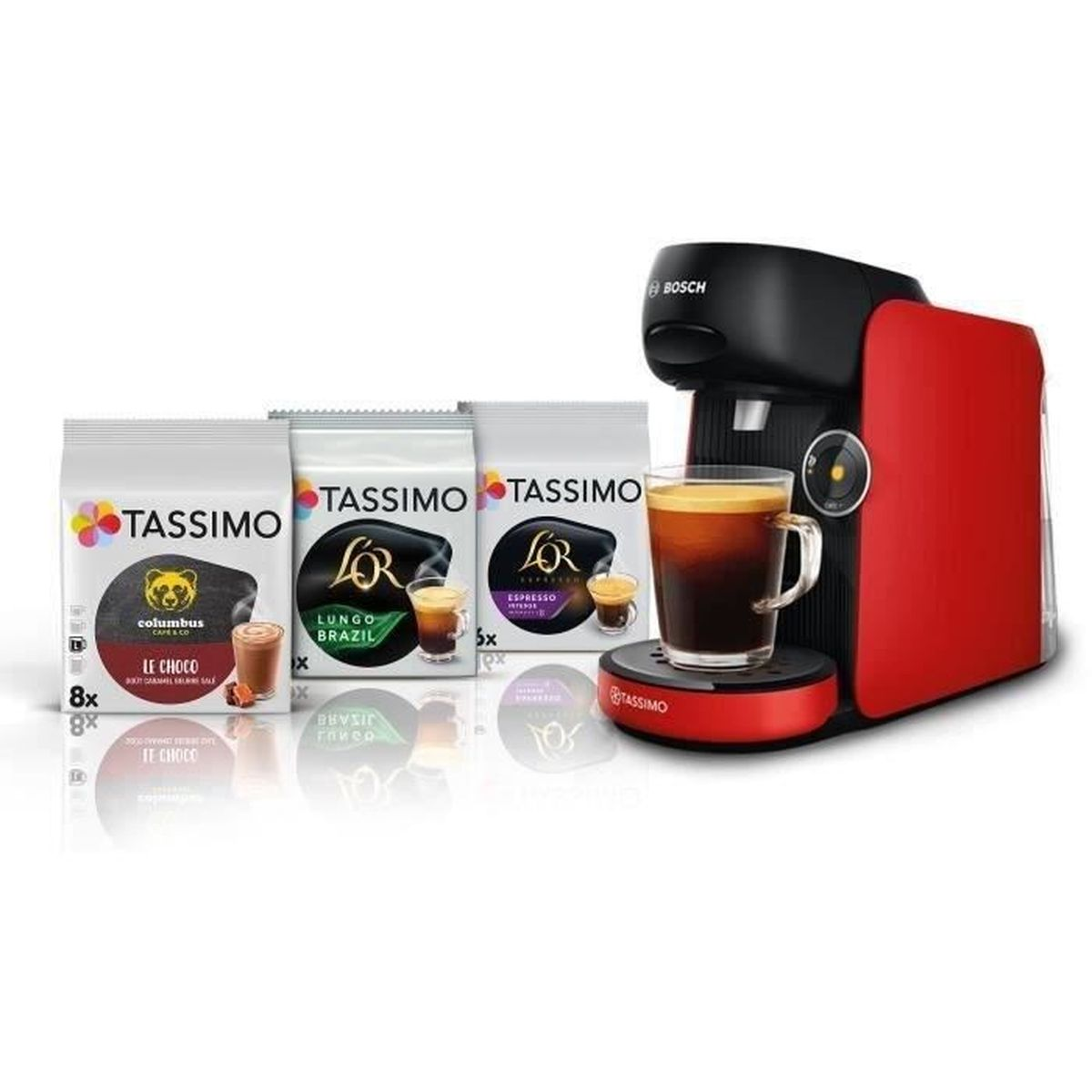 Una macchina da caffè Tassimo rossa con tre confezioni di caffè.