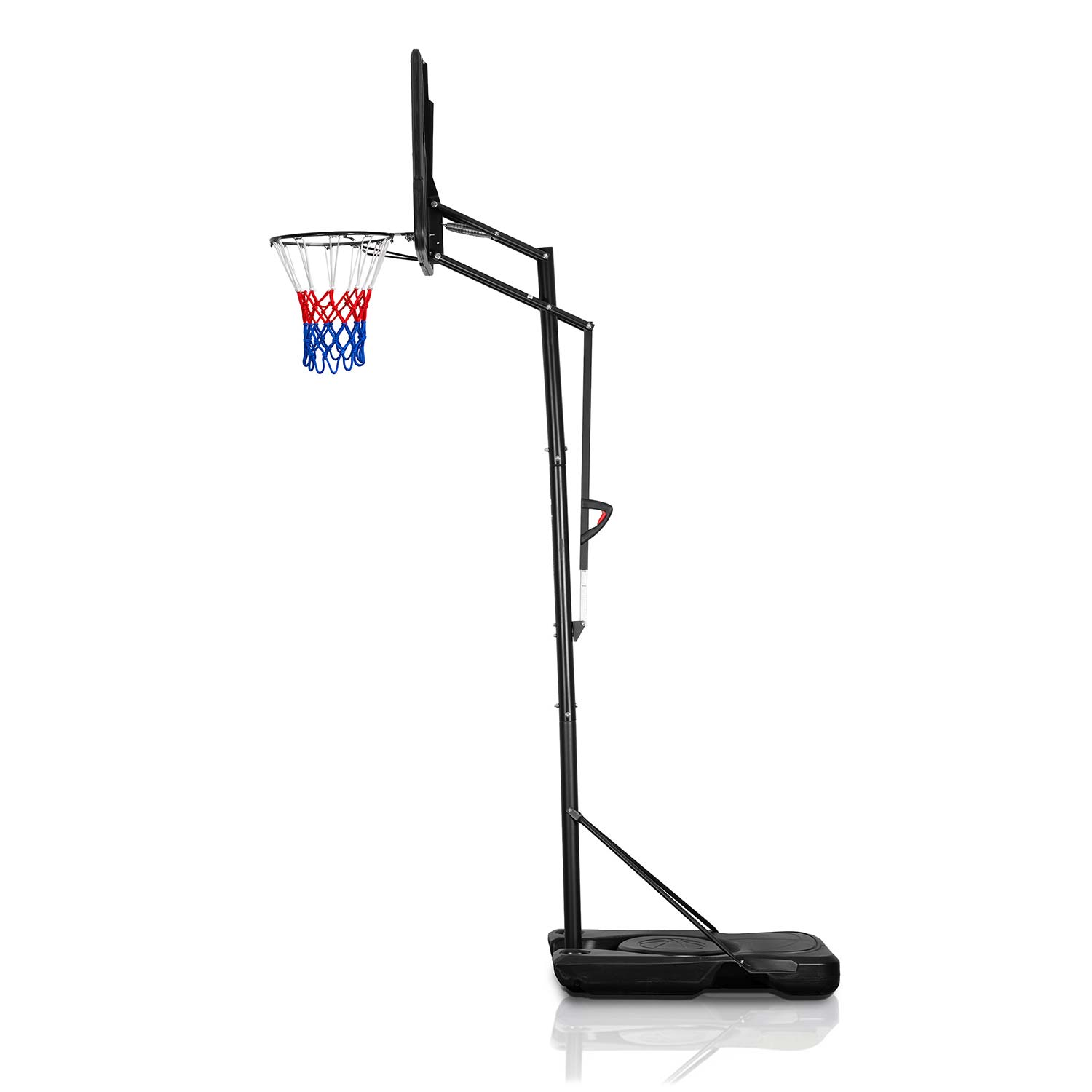 Czarny kosz do koszykówki z czerwono-niebieską siatką na białym tle.