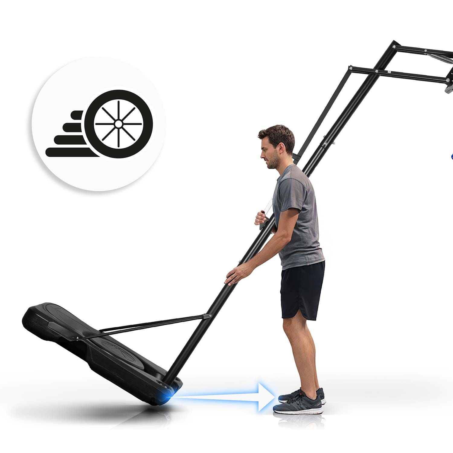 Mężczyzna reguluje obręcz do koszykówki na kółkach. Ikona koła.