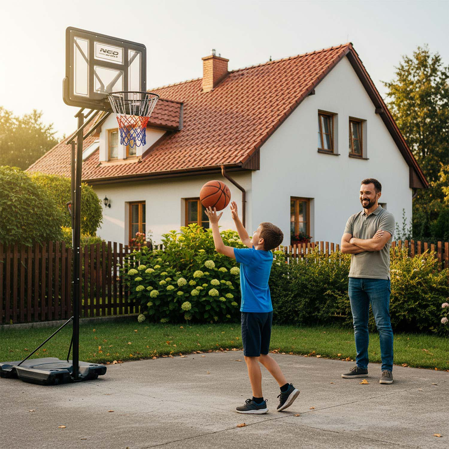 Chłopiec rzuca do kosza, mężczyzna patrzy, dom w tle.