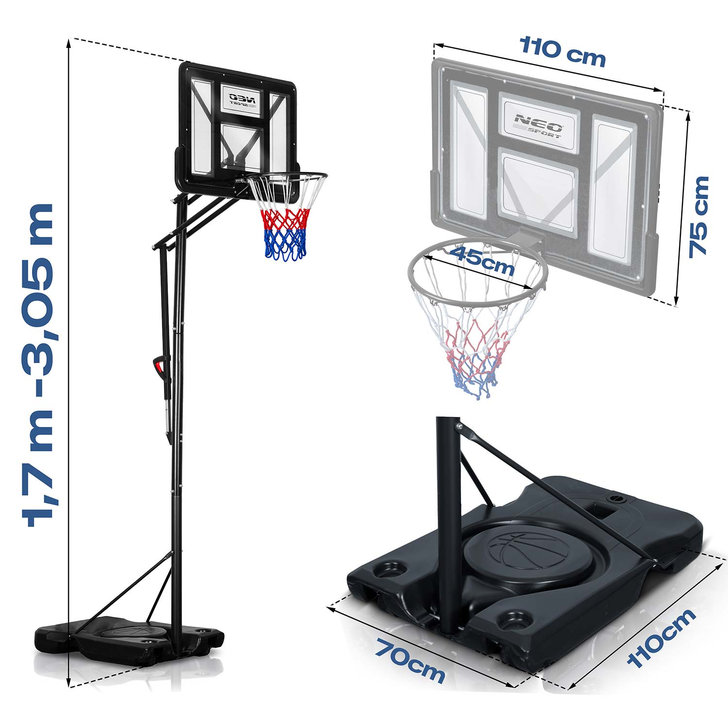 Regulowany kosz do koszykówki z czarną tablicą, siatką i stojakiem.