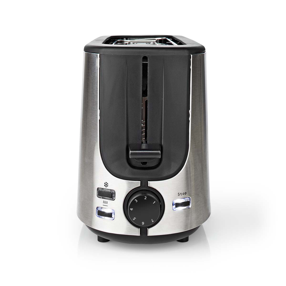 Srebrny toster z czarnymi akcentami na białym tle.