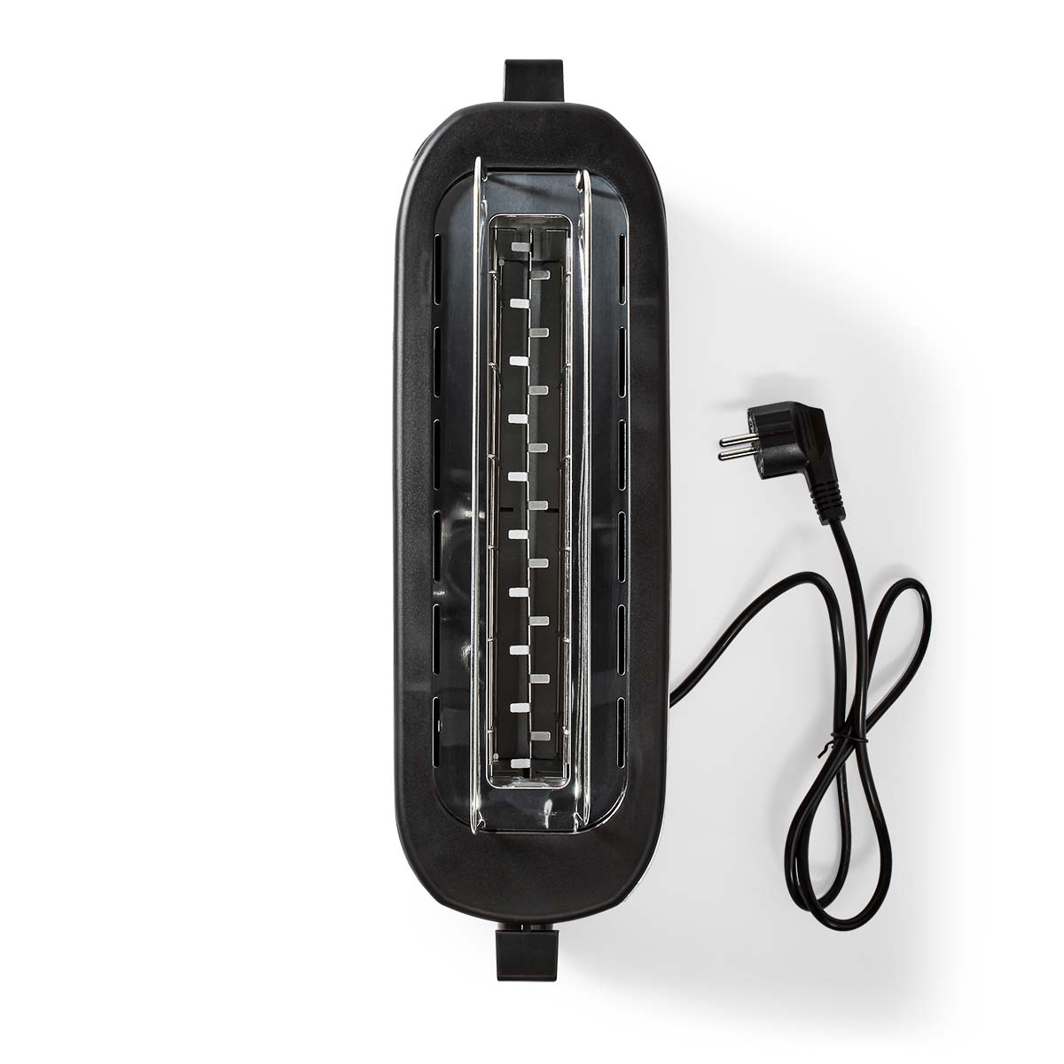 Czarny toster z chromowanymi detalami i czarnym kablem zasilającym z wtyczką.