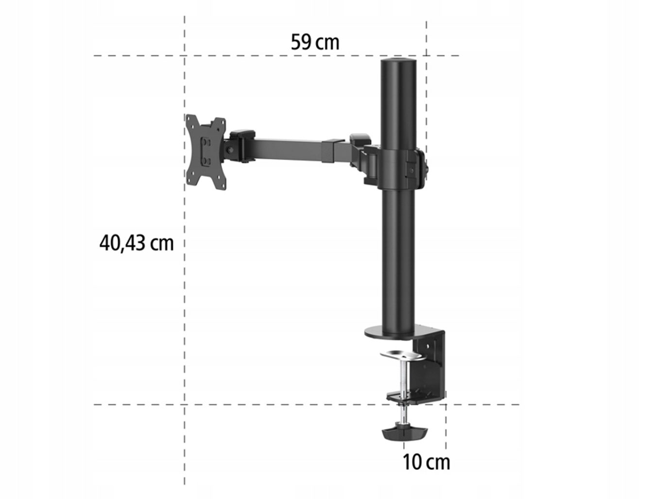 Czarny uchwyt na monitor z zaciskiem biurkowym, wymiary: 59x40,43x10 cm.