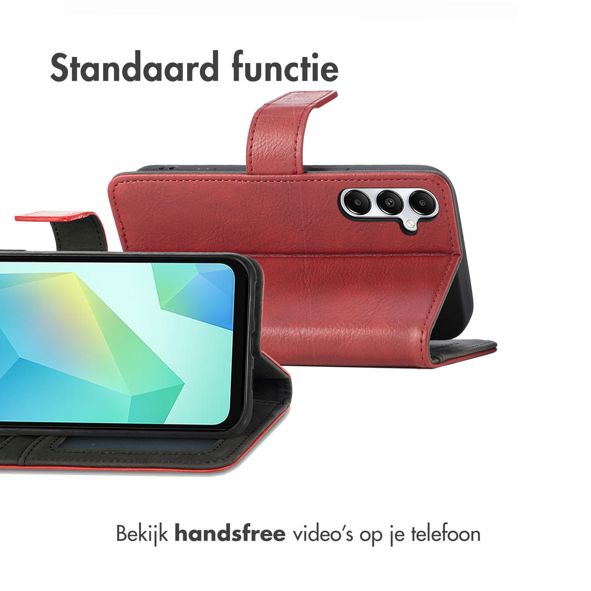 Rood telefoonhoesje met camera en scherm.