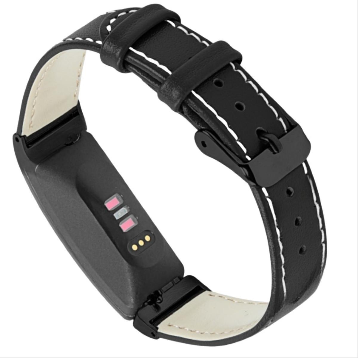 Schwarzes Lederarmband mit weißer Naht und schwarzer Schnalle an einem Fitness-Tracker.