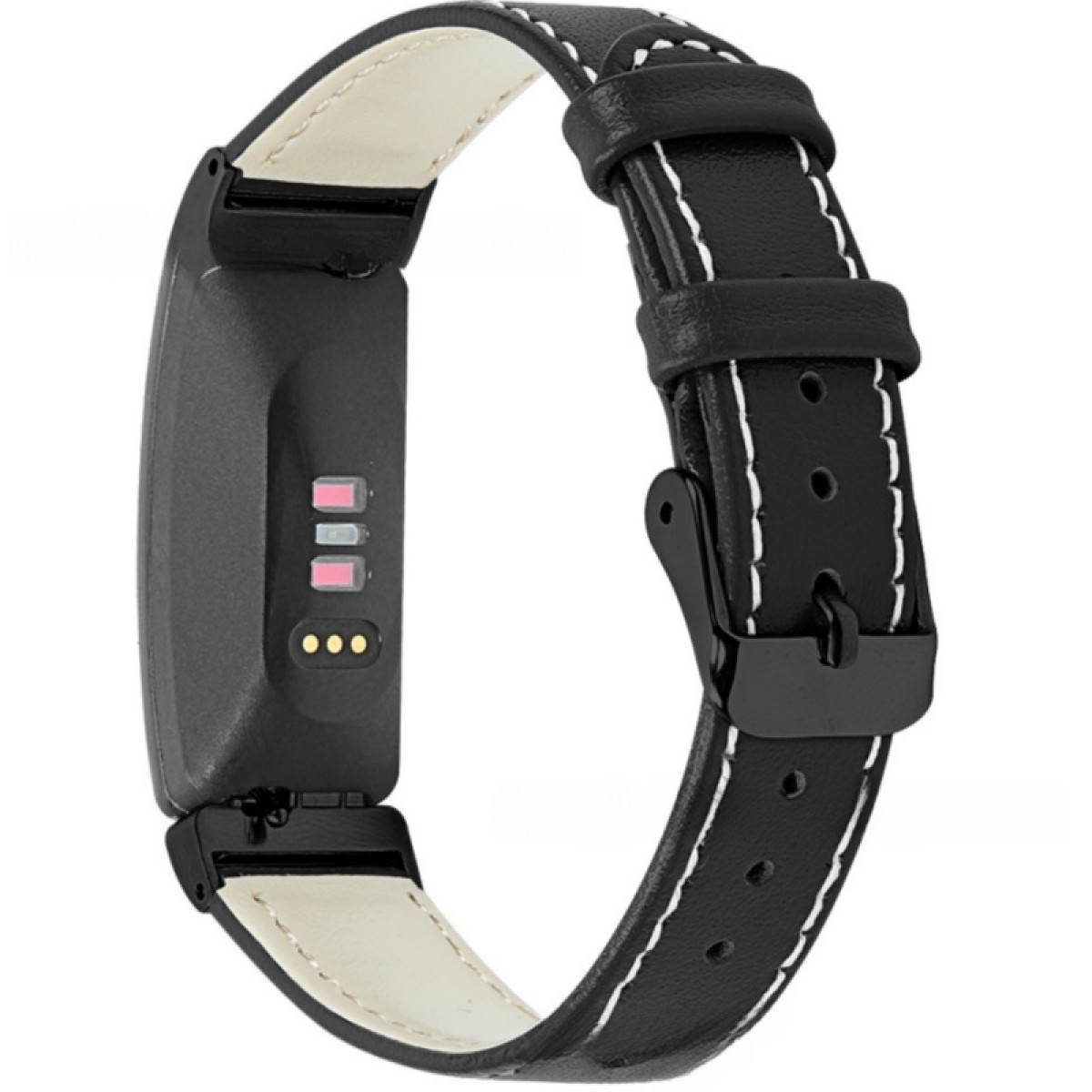 Schwarzes Lederarmband mit weißen Nähten und schwarzem Schnallenverschluss für ein Fitnessarmband.