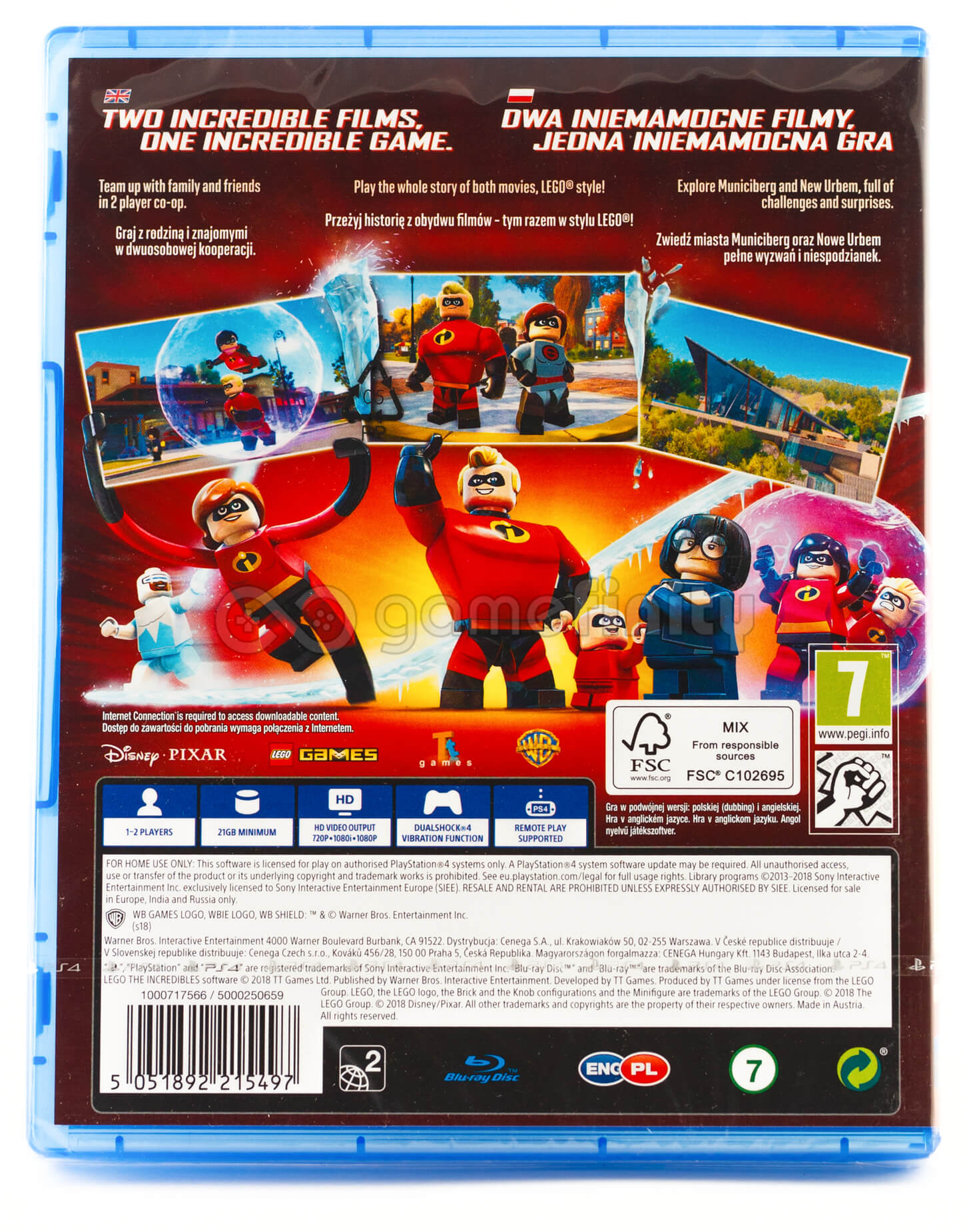 Figurki Lego Niewiarygodnych na odwrocie pudełka Blu-ray, z logotypami i tekstem.