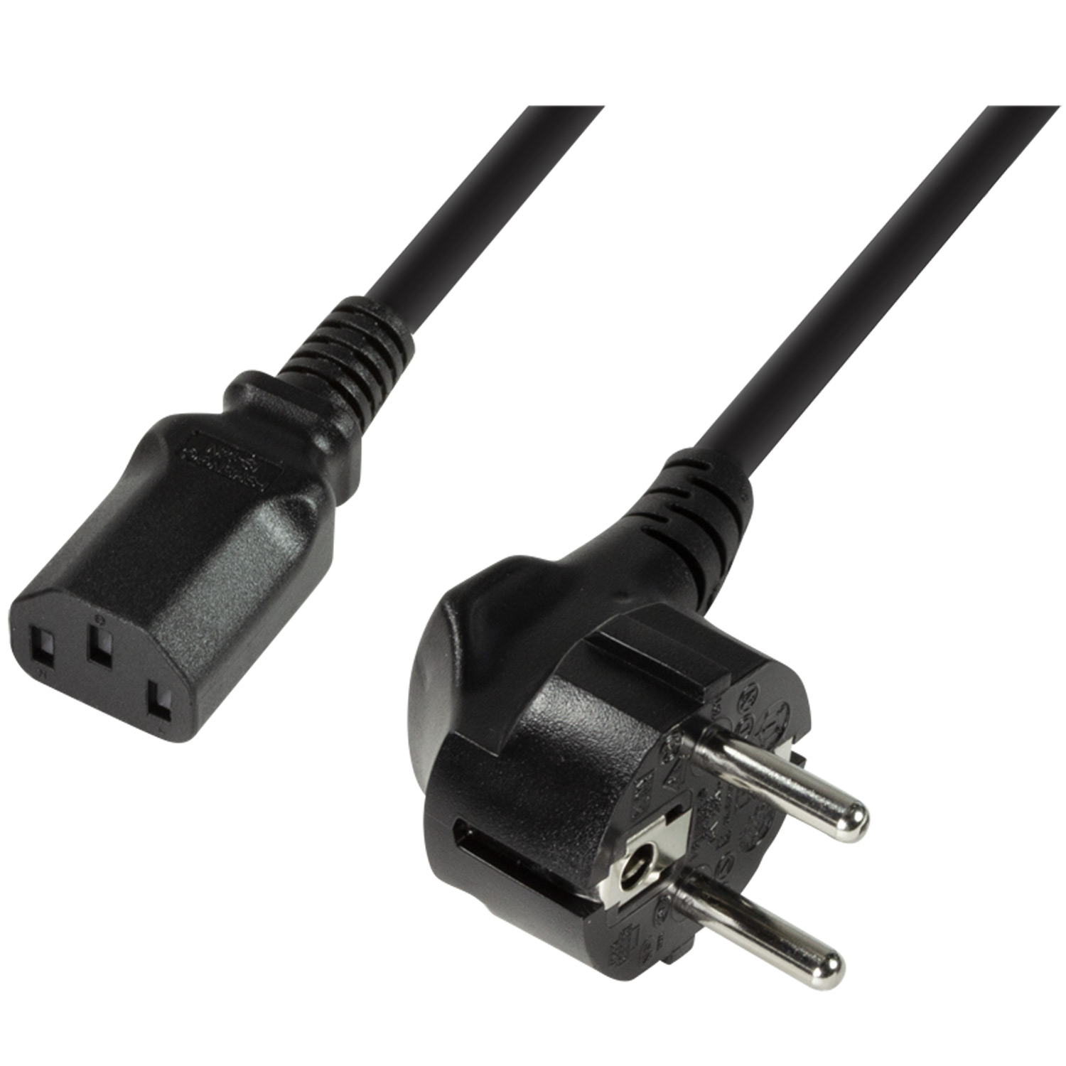 Czarny kabel zasilający z wtyczką i gniazdem.