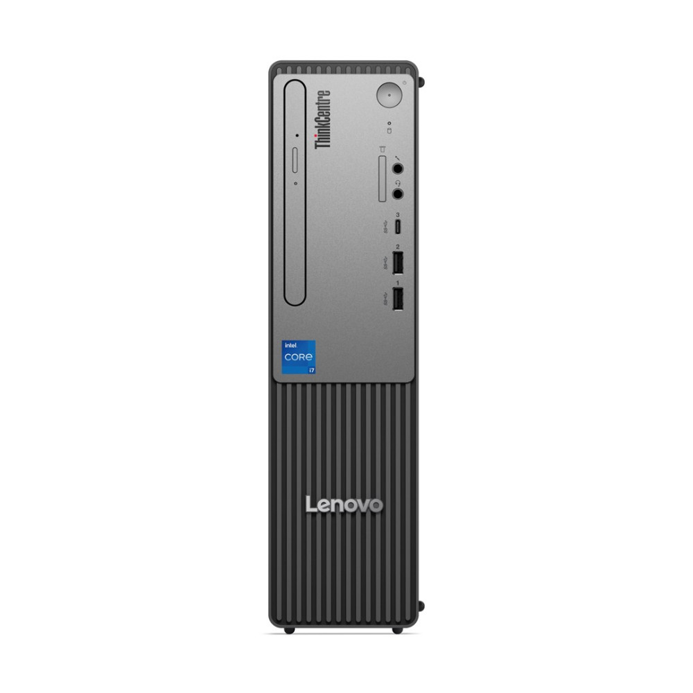 Szary komputer Lenovo ThinkCentre z naklejką Intel Core i7 i pionowymi żebrami.