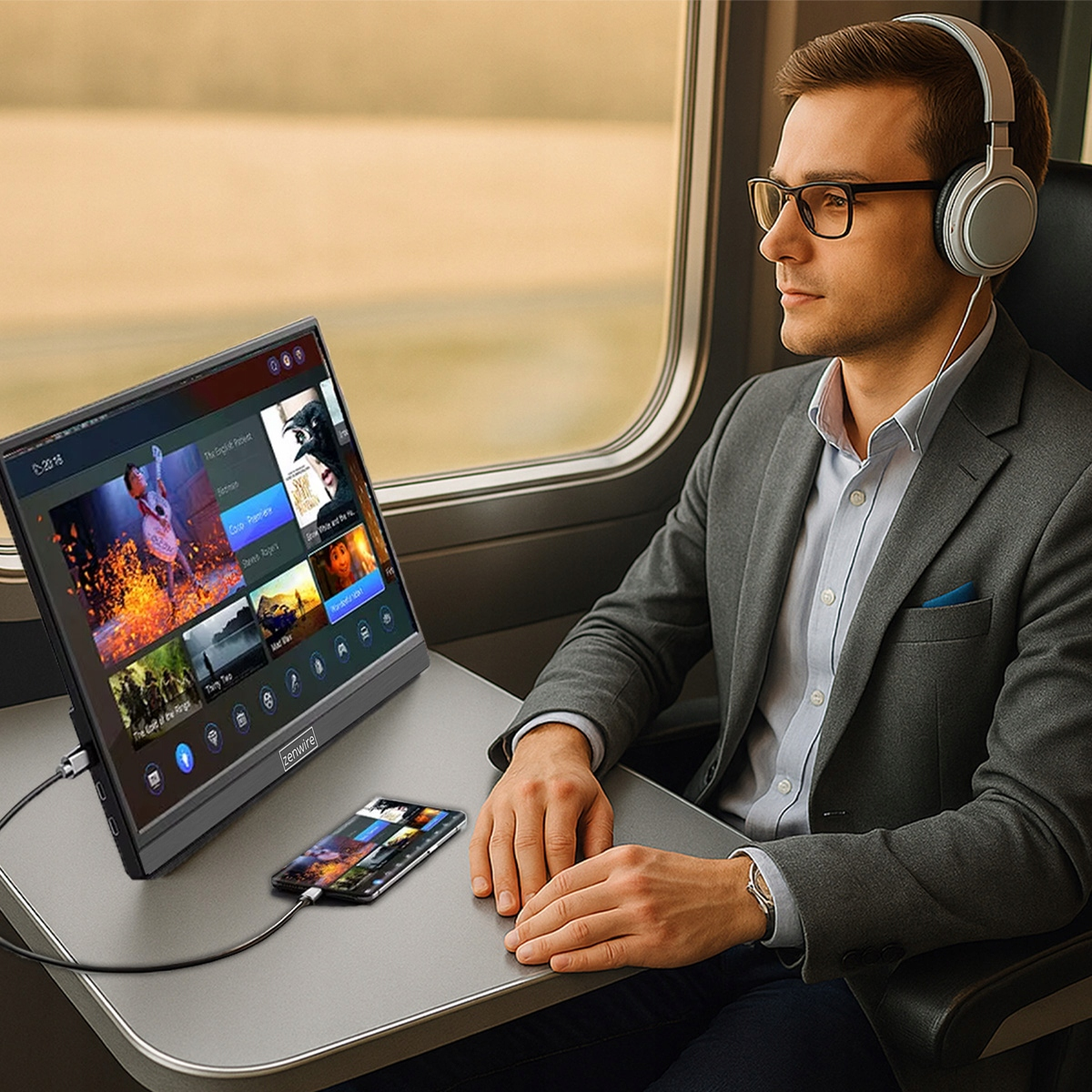 Mężczyzna w garniturze nosi słuchawki, patrzy na przenośny monitor i telefon w pociągu.