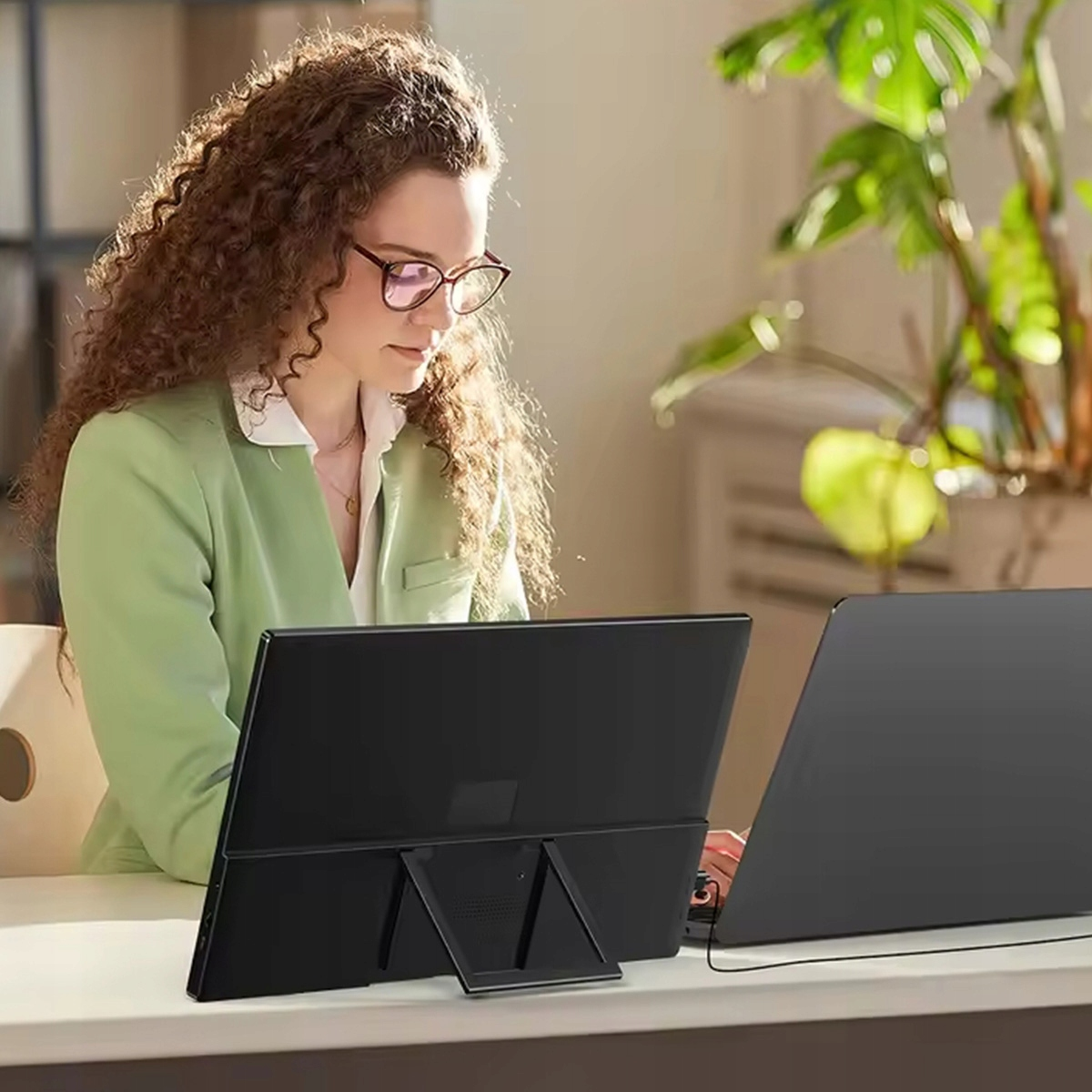 Kobieta z kręconymi włosami i okularami w zielonej marynarce pracuje na dwóch ekranach.