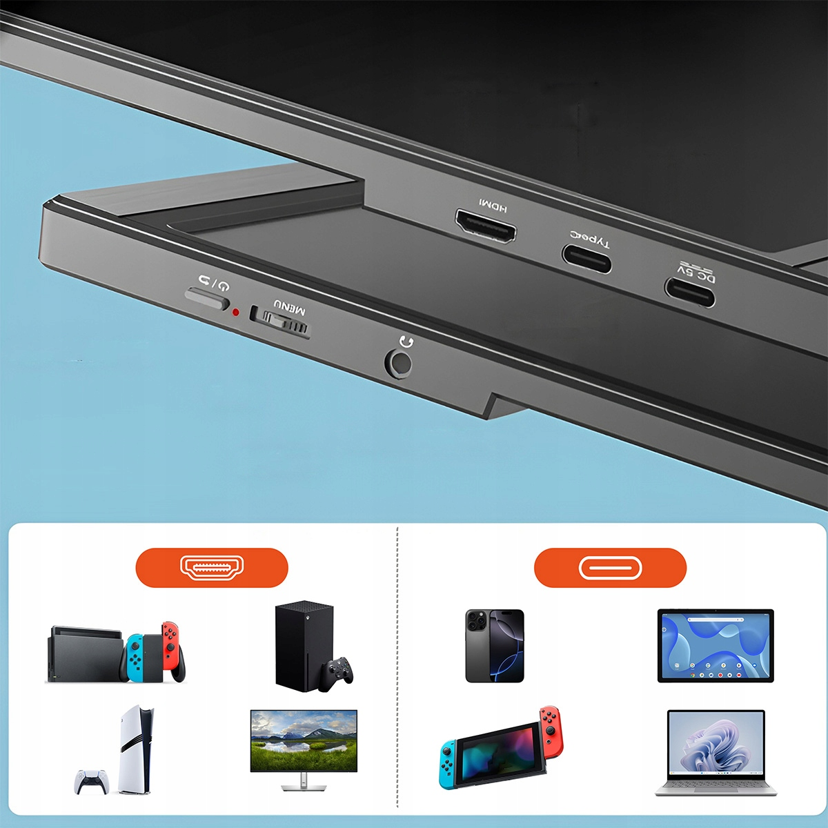 Zbliżenie na porty i urządzenia: Xbox, PS5, Switch, iPhone, tablet i laptop.