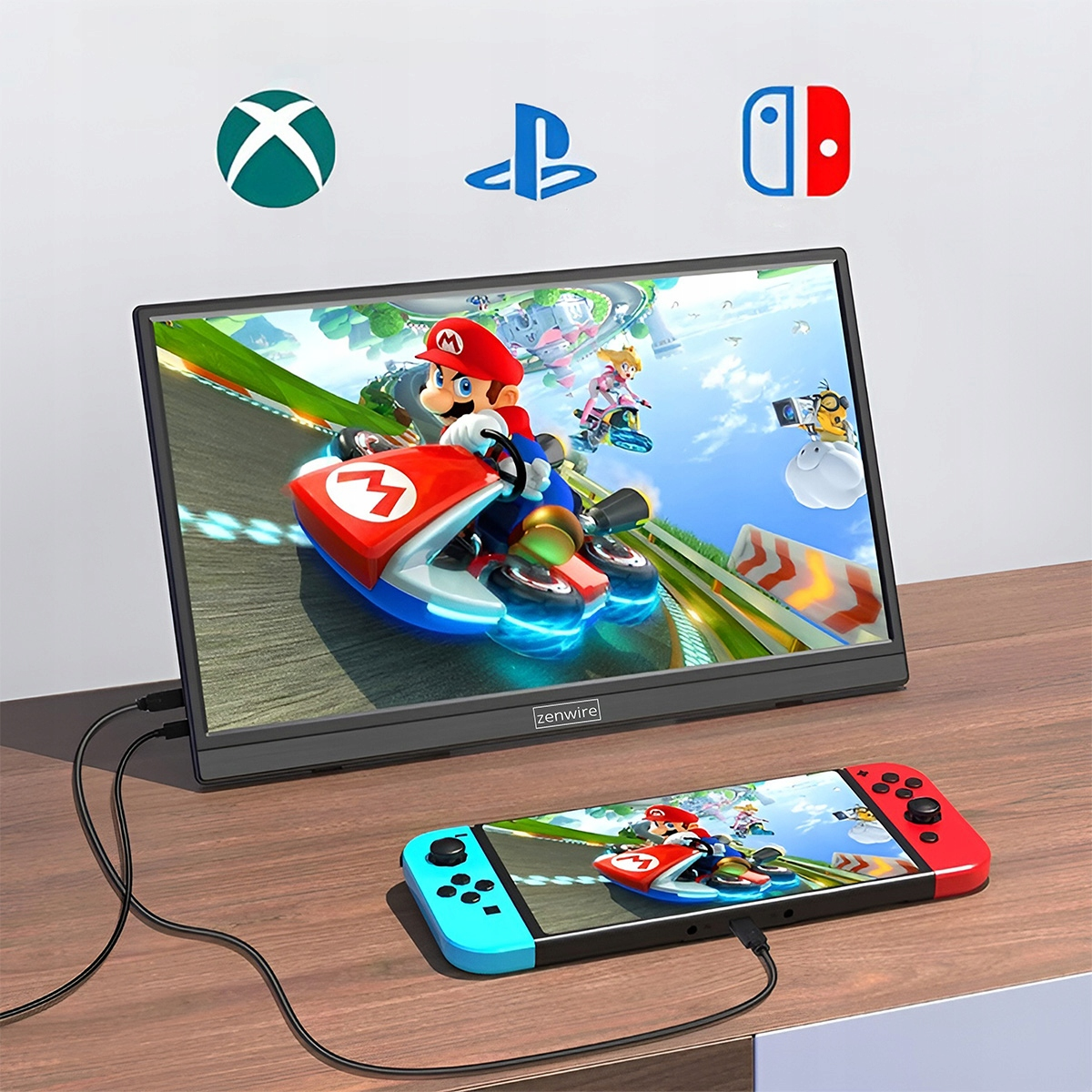 Przenośny monitor wyświetla Mario Kart. Logo Xbox, PlayStation, Nintendo powyżej.