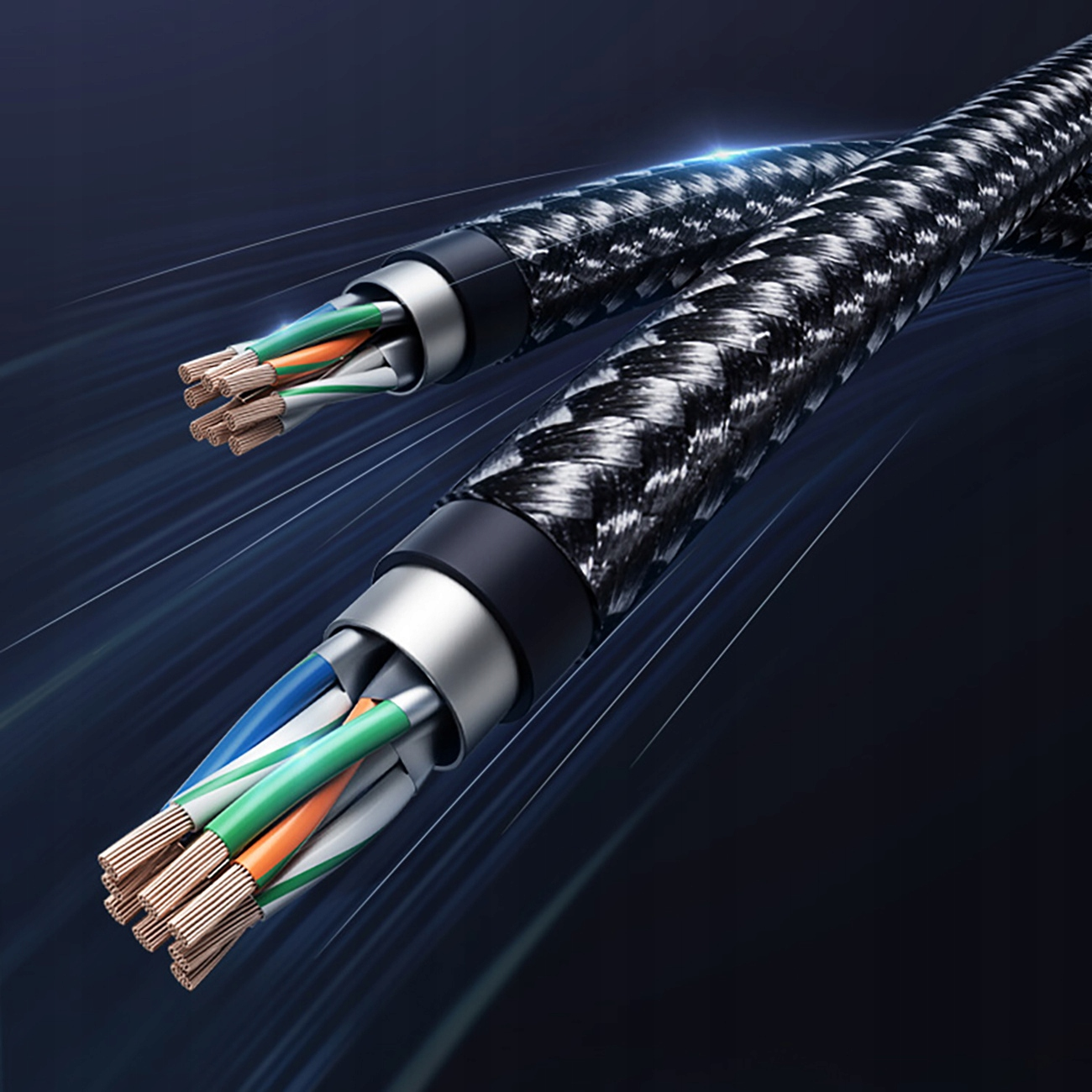 Dwa plecione kable z odsłoniętymi, kolorowymi przewodami na ciemnym tle.