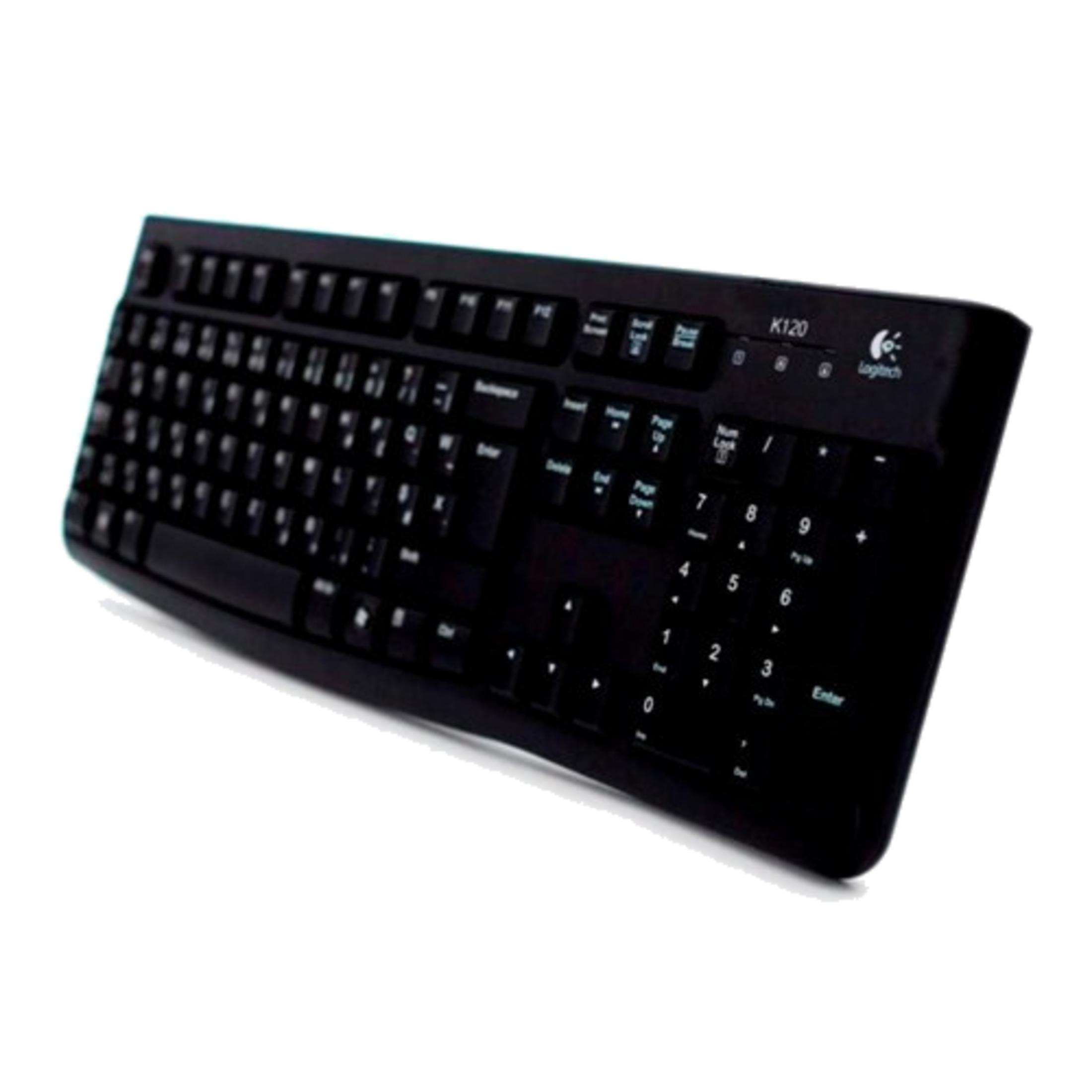 Siyah Logitech K120 klavye, sayısal tuş takımı, beyaz arka planda.