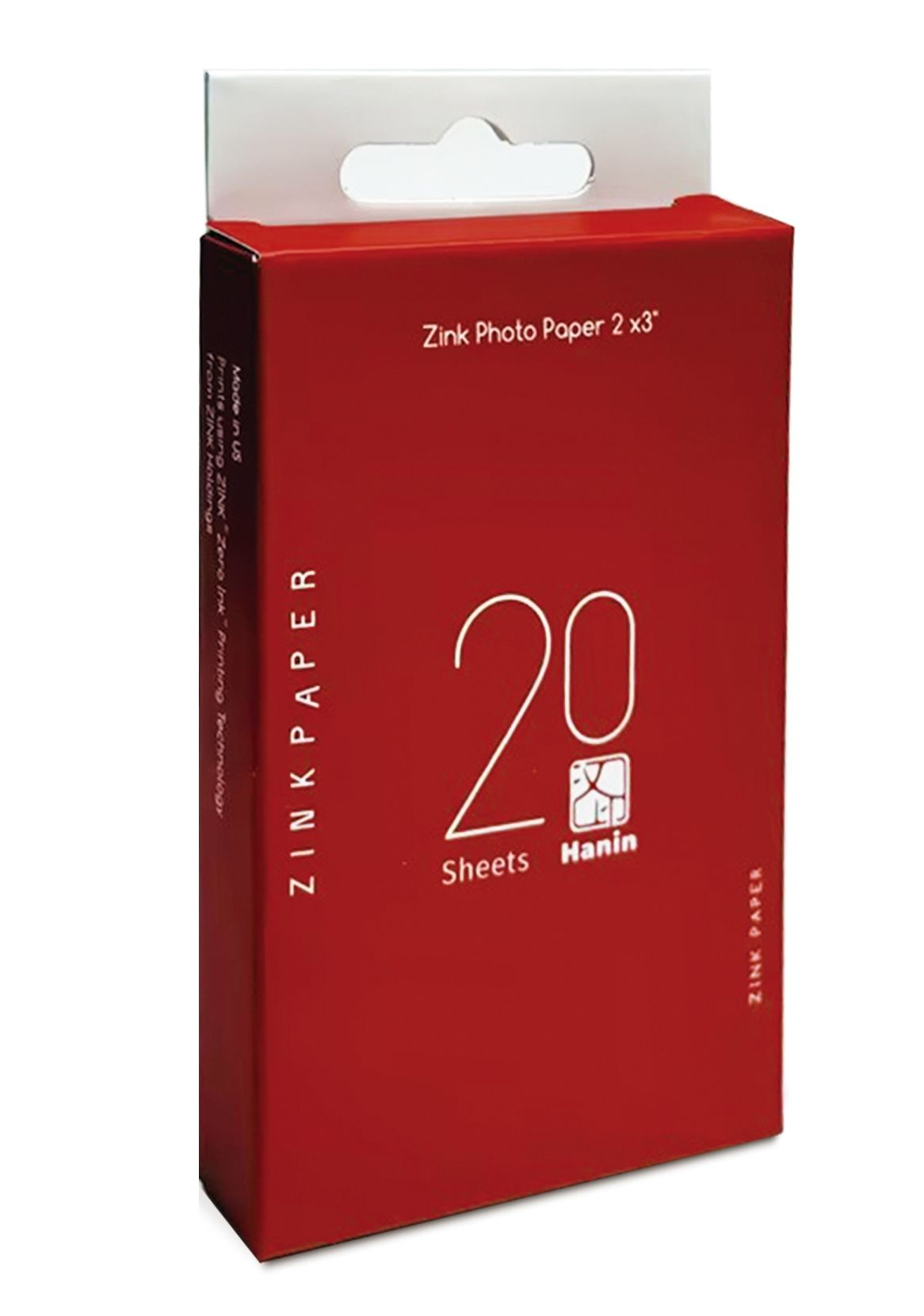 Czerwone pudełko papieru fotograficznego Zink 2x3 cale, z napisem '20 arkuszy Hanin'.