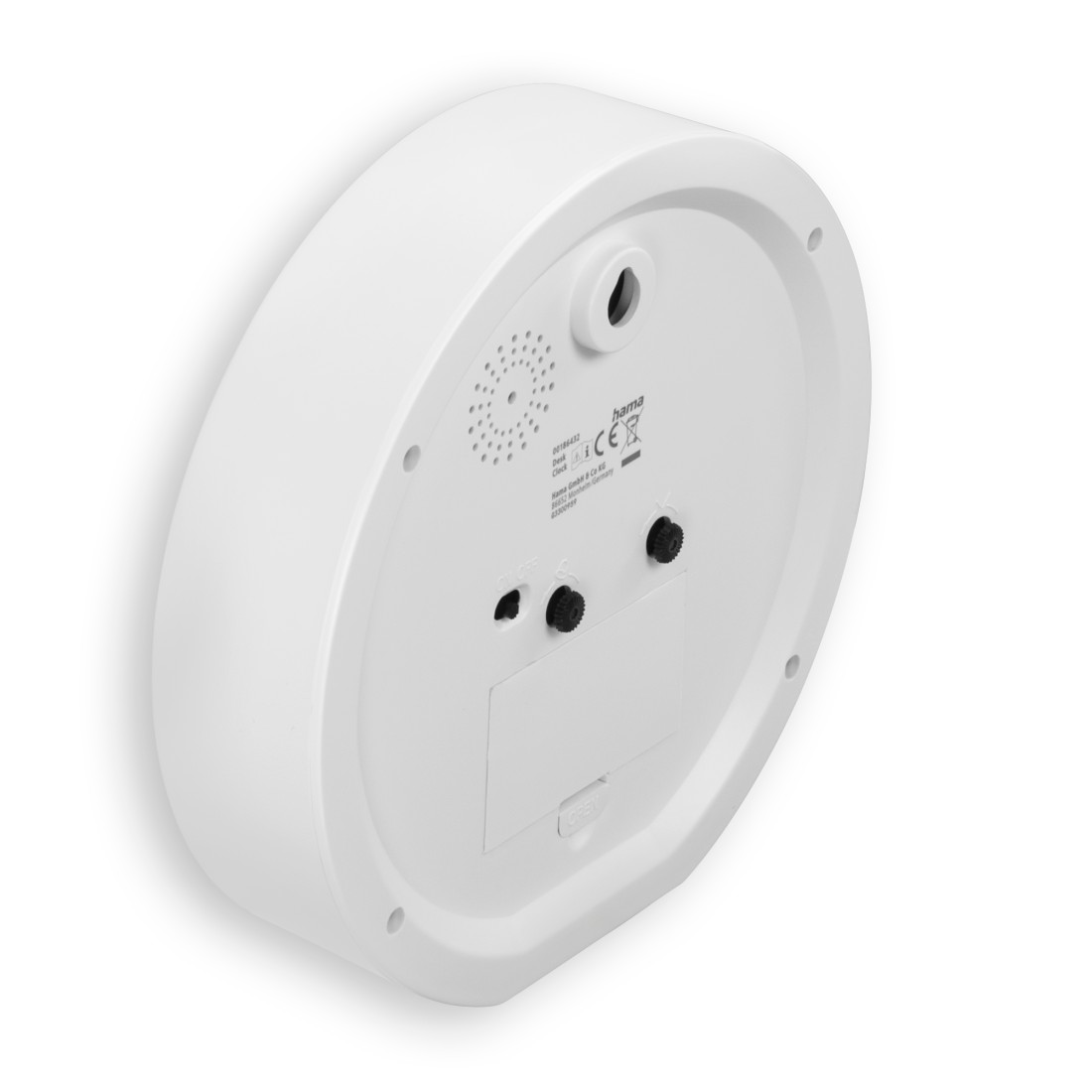 Tył białego okrągłego zegara z elementami sterującymi i logo Hama.