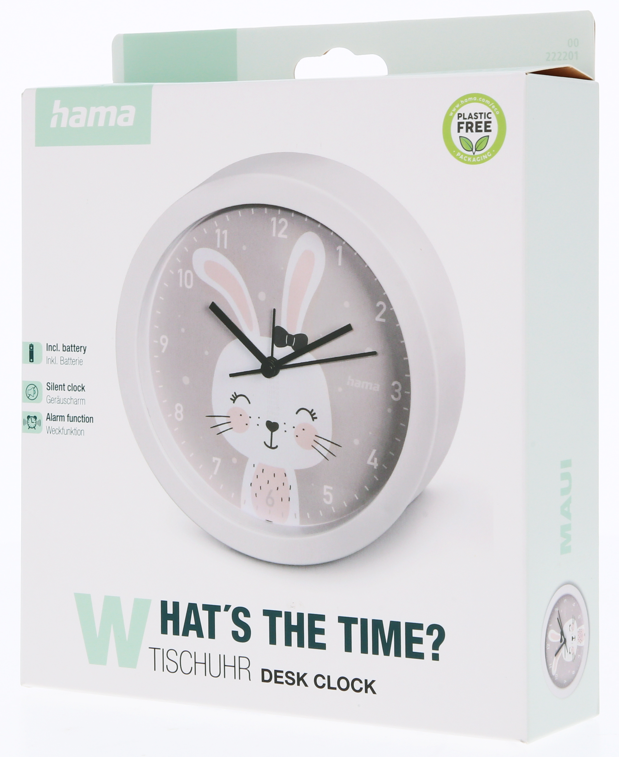 Budzik Hama z motywem królika na opakowaniu, w zestawie bateria.