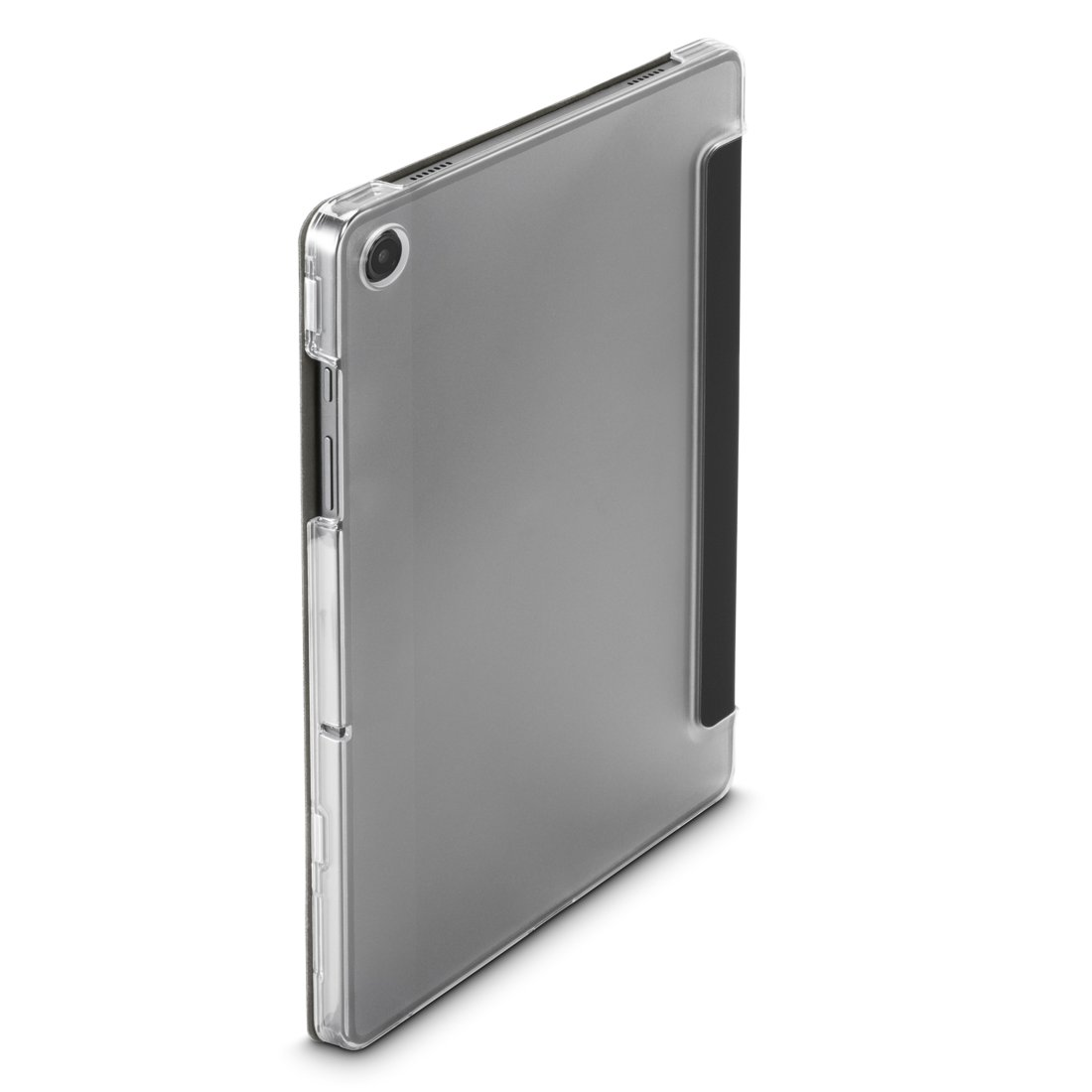 Przezroczyste etui na szarym tablecie, pokazujące aparat i przyciski boczne.