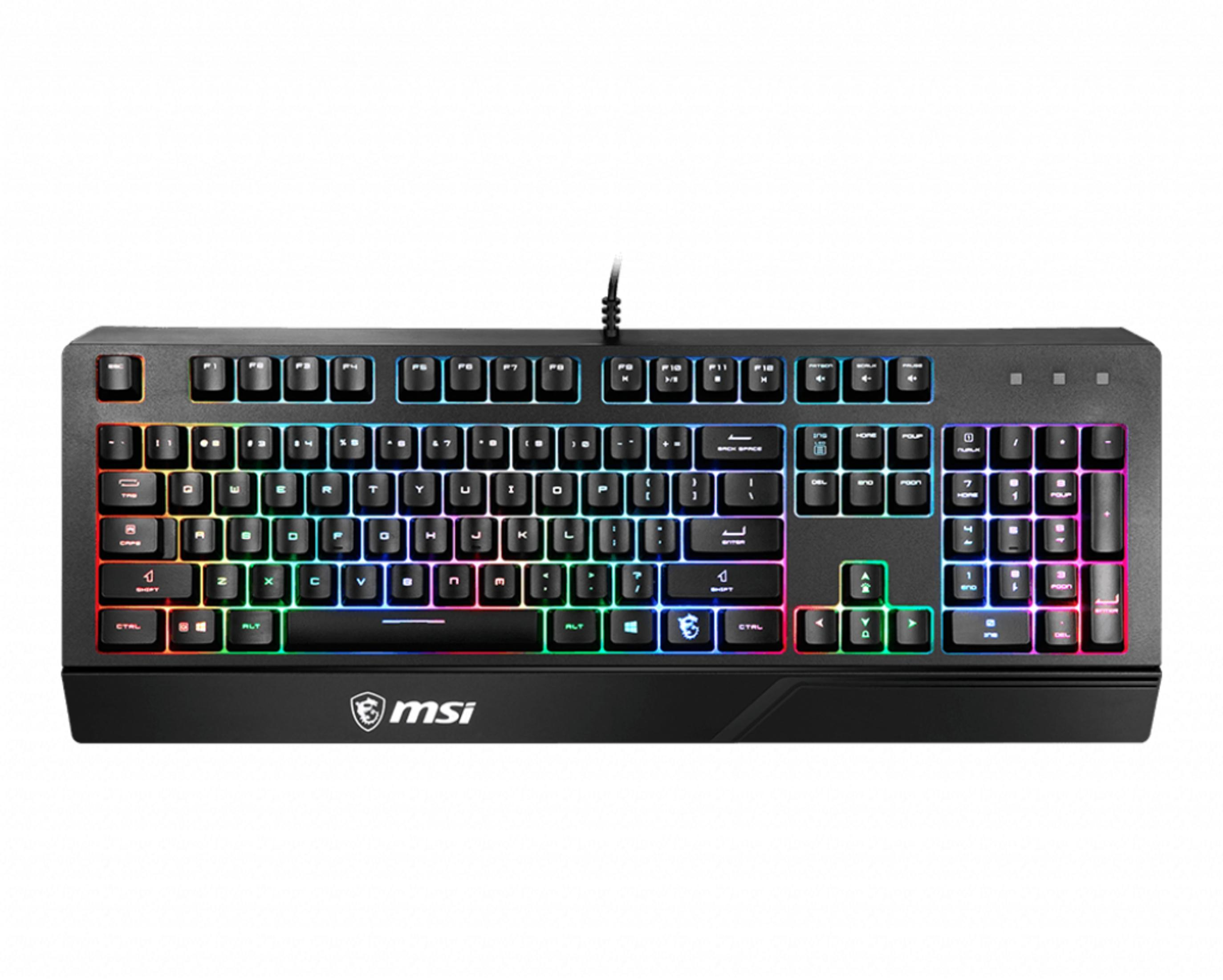 RGB aydınlatmalı siyah bir MSI klavye. MSI logosu sol altta yer alıyor.