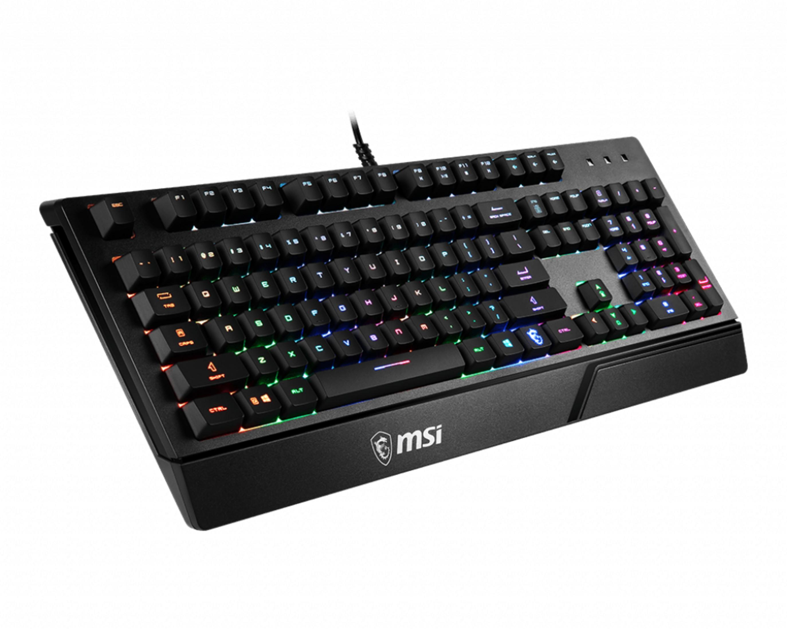 RGB aydınlatmalı ve MSI logolu siyah klavye.