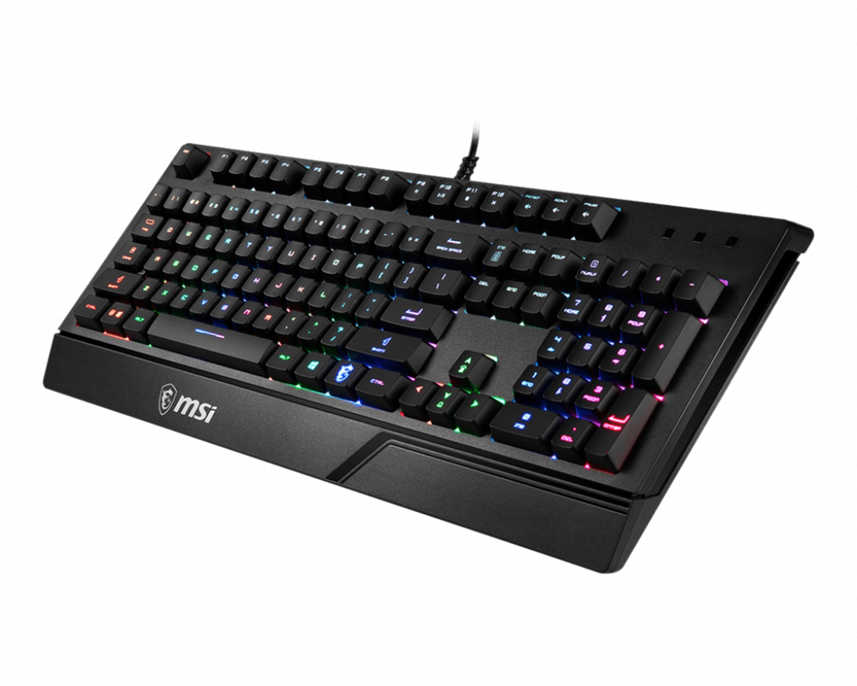 Beyaz zeminde RGB aydınlatmalı tuşlara sahip siyah MSI oyuncu klavyesi.