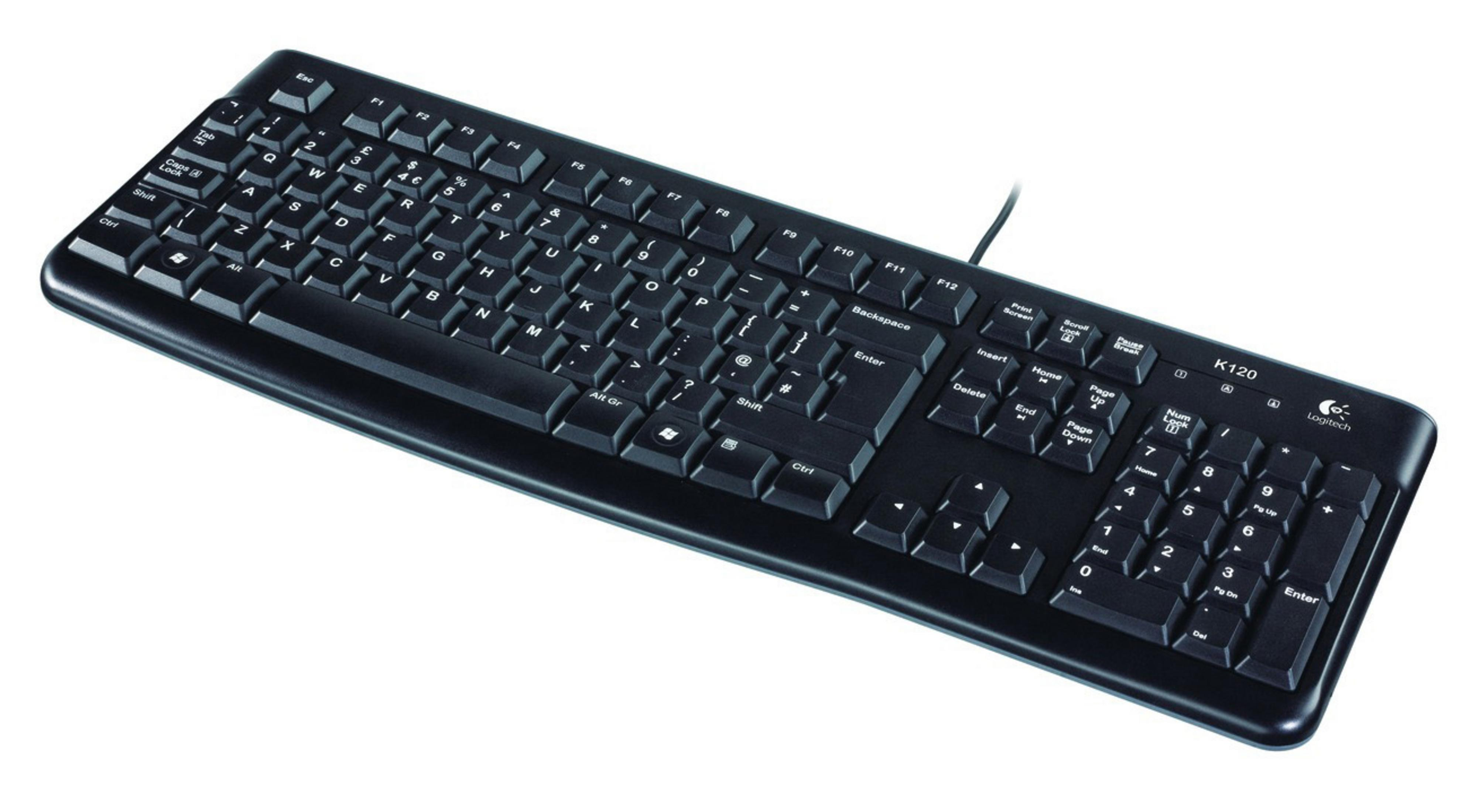 Siyah Logitech K120 klavye, kablolu, beyaz arka plan üzerinde.