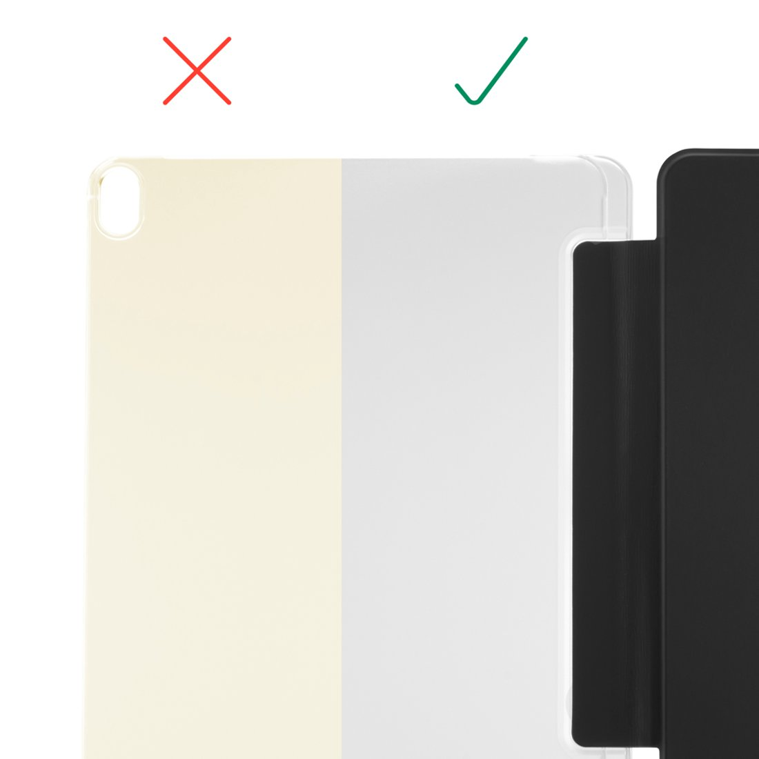 Czerwony X i zielony zaznaczenie nad beżowymi, białymi i czarnymi etui na tablet.