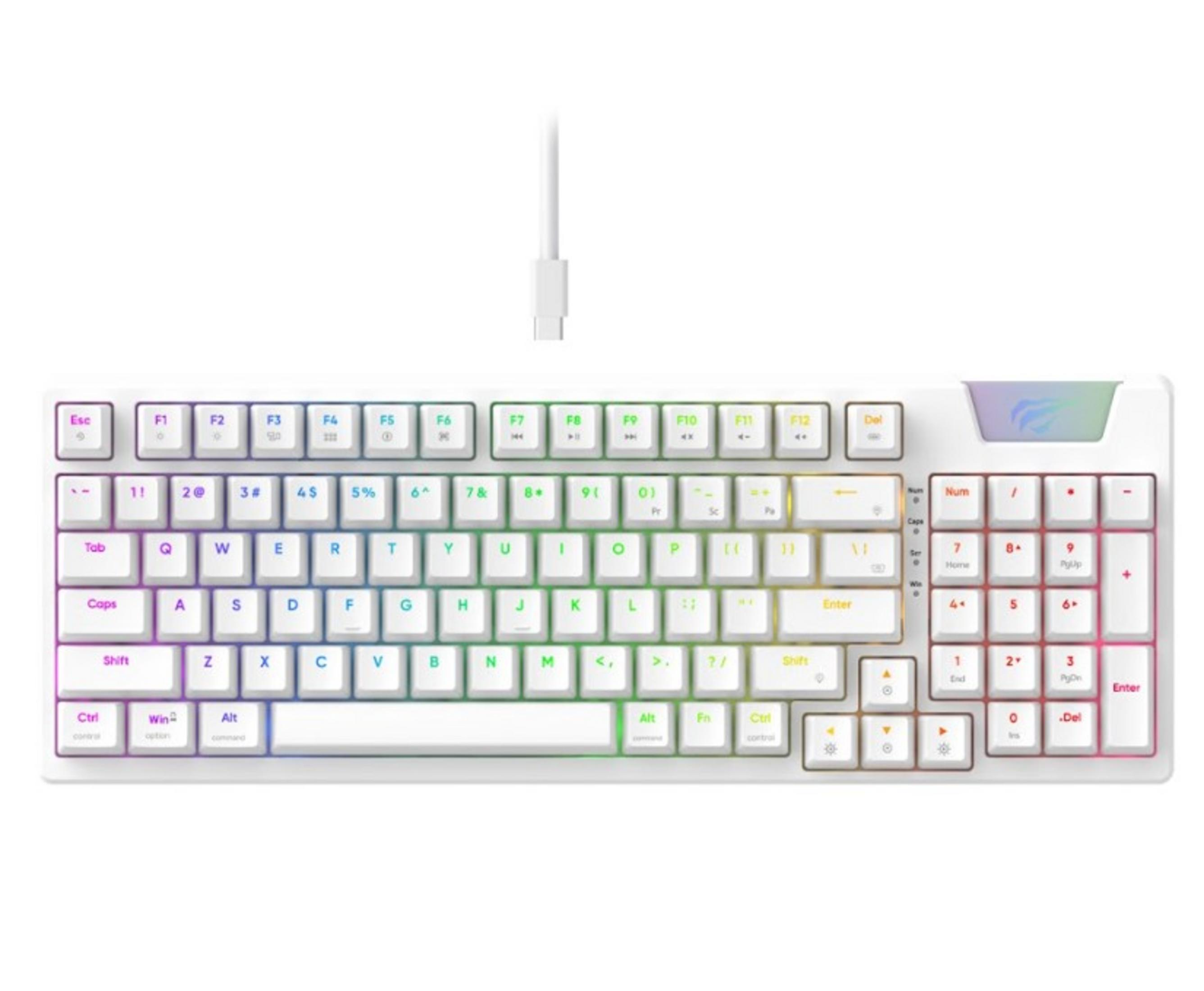 RGB aydınlatmalı ve beyaz USB kablolu beyaz bir klavye.